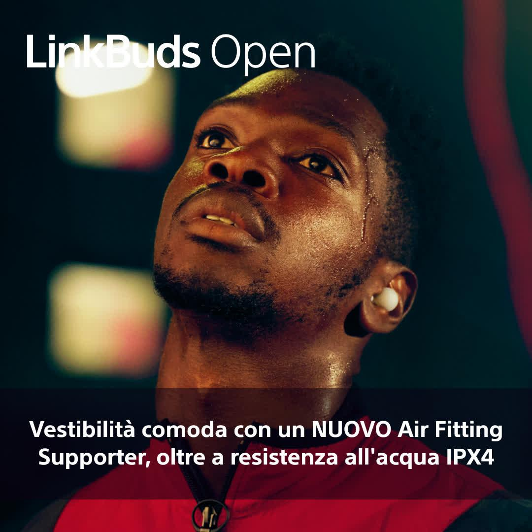 Un hombre sudando con auriculares mira hacia arriba. El texto dice 'LinkBuds Open' y 'Ajuste cómodo con un NUEVO Air Fitting'.