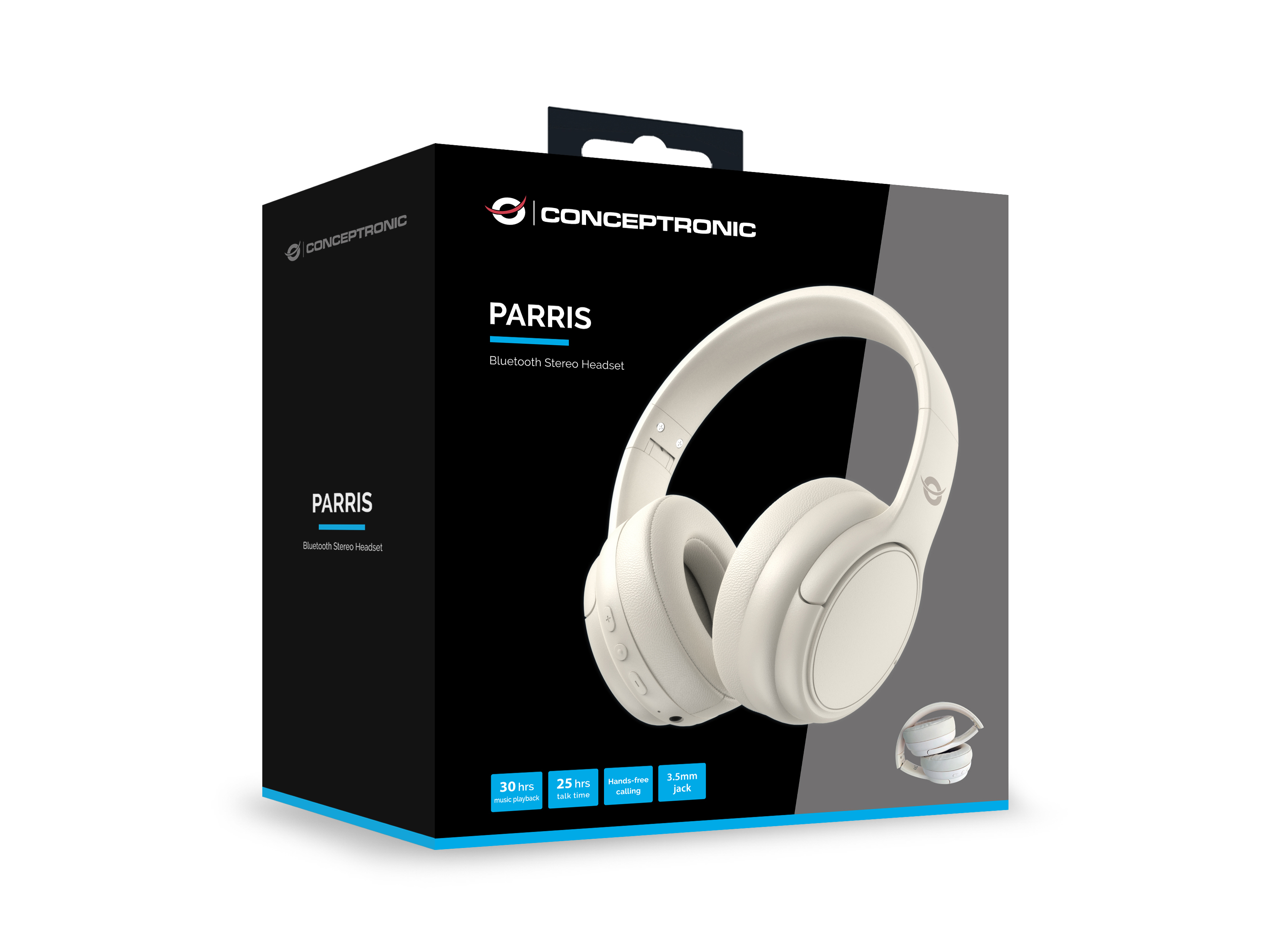 Un'auricolare stereo Bluetooth Parris bianca su una scatola nera. La scatola riporta il marchio e le specifiche.