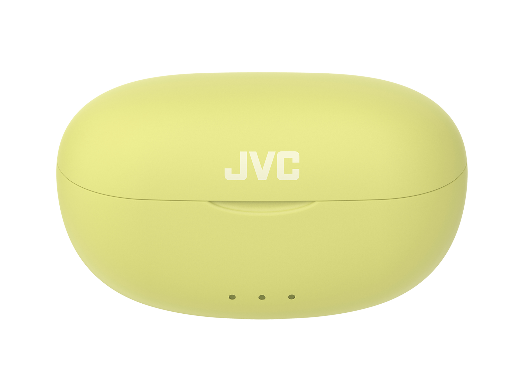 Estuche de auriculares JVC amarillo claro. El estuche es de forma ovalada con el logotipo JVC en la parte superior. Se ven tres puntos pequeños abajo.