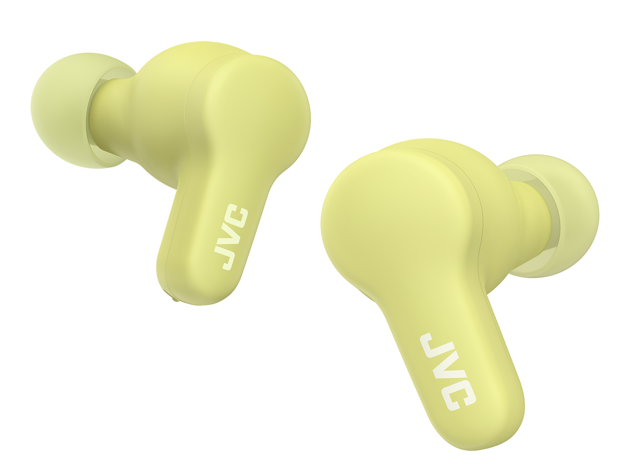 Dos auriculares JVC amarillo pálido sobre fondo blanco. Cada uno tiene el logo JVC. Los auriculares son de un amarillo más claro.