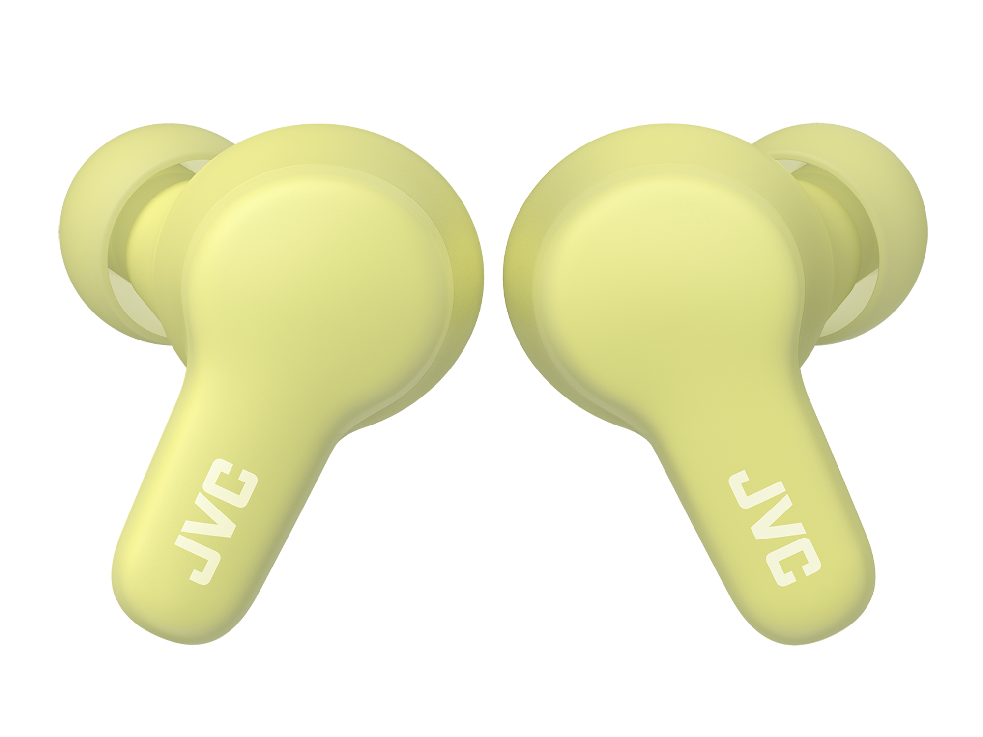 Dos auriculares JVC de color amarillo claro. Cada uno muestra el nombre de la marca. Fondo blanco. Primer plano.