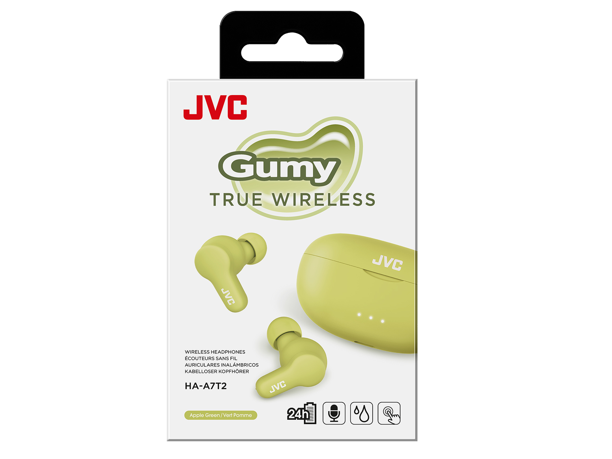 Embalaje de los auriculares inalámbricos JVC Gumy True Wireless. La caja muestra los auriculares y el estuche de carga en verde manzana.