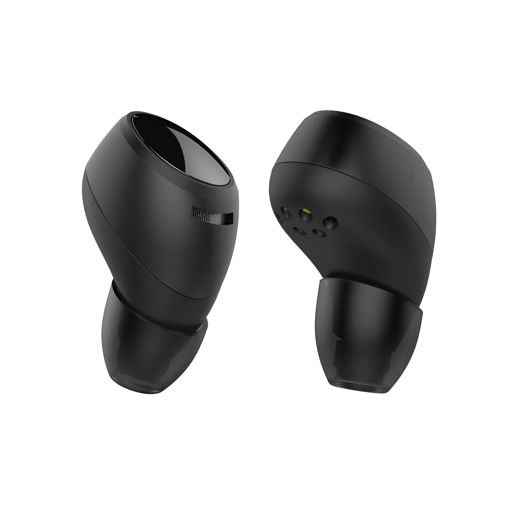 Due auricolari wireless neri su sfondo bianco. Gli auricolari sono angolati, mostrando la loro forma e i dettagli.