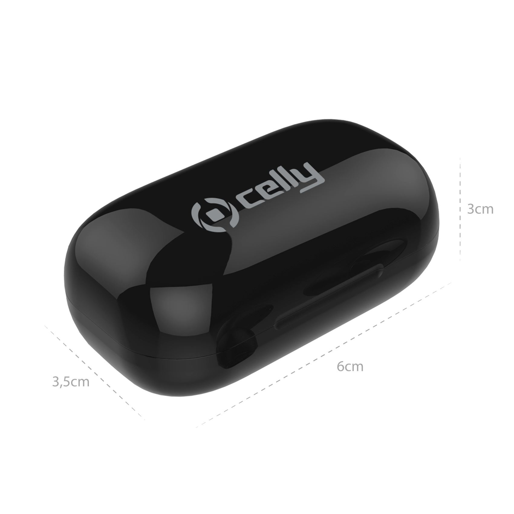 Custodia nera per auricolari Celly con logo. Dimensioni: 6 cm x 3,5 cm x 3 cm. Sfondo bianco.