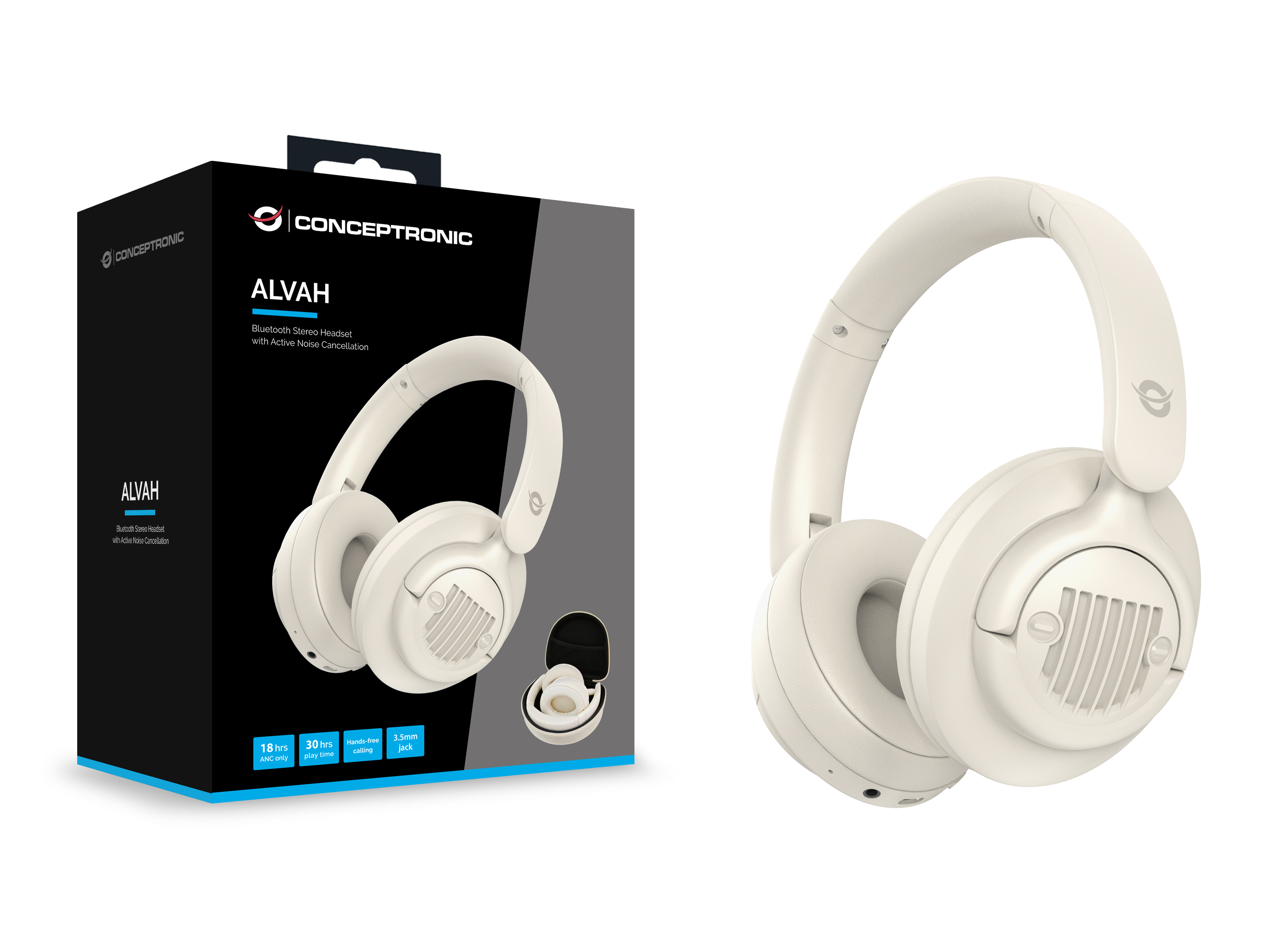 Een witte Conceptronic ALVAH Bluetooth-headset en de doos. De doos is zwart met witte tekst. De headset staat op een witte achtergrond.