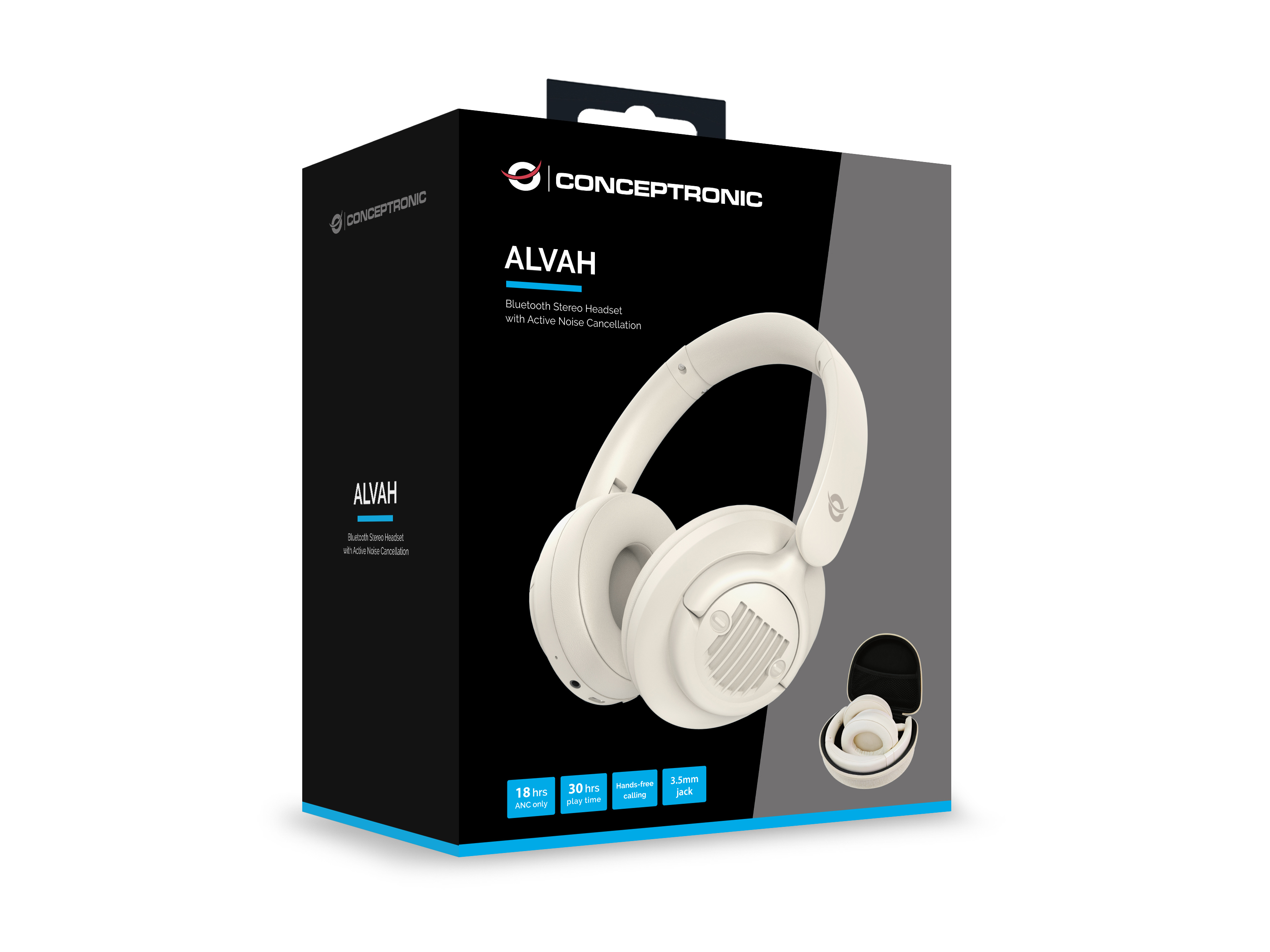 Witte ALVAH-hoofdtelefoon op een zwarte doos. De doos toont merknaam, productnaam en functies zoals noise cancelling.