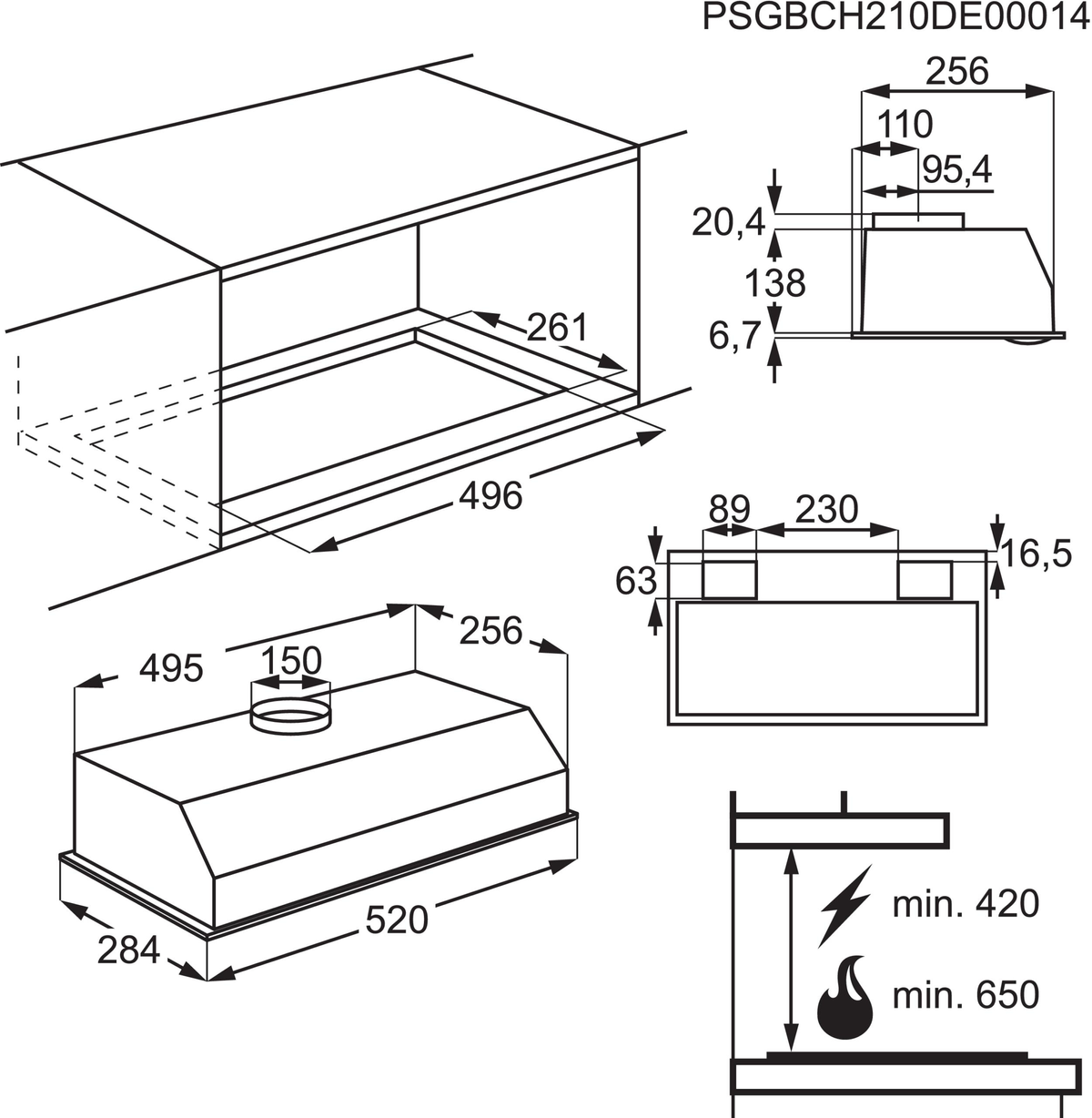 Disegno tecnico di una cappa da cucina, con dimensioni in millimetri. Include viste dall'alto, laterali e frontali con misure.