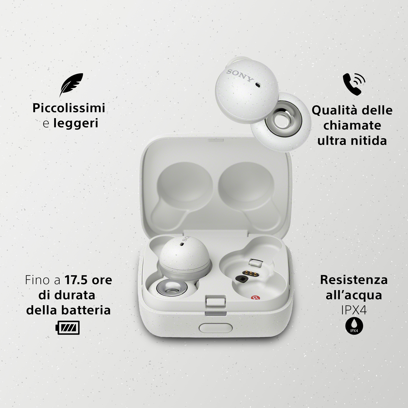 Auriculares y estuche blancos sobre fondo moteado. Características: llamadas ultraclaras, 17,5 horas de batería, resistente al agua.
