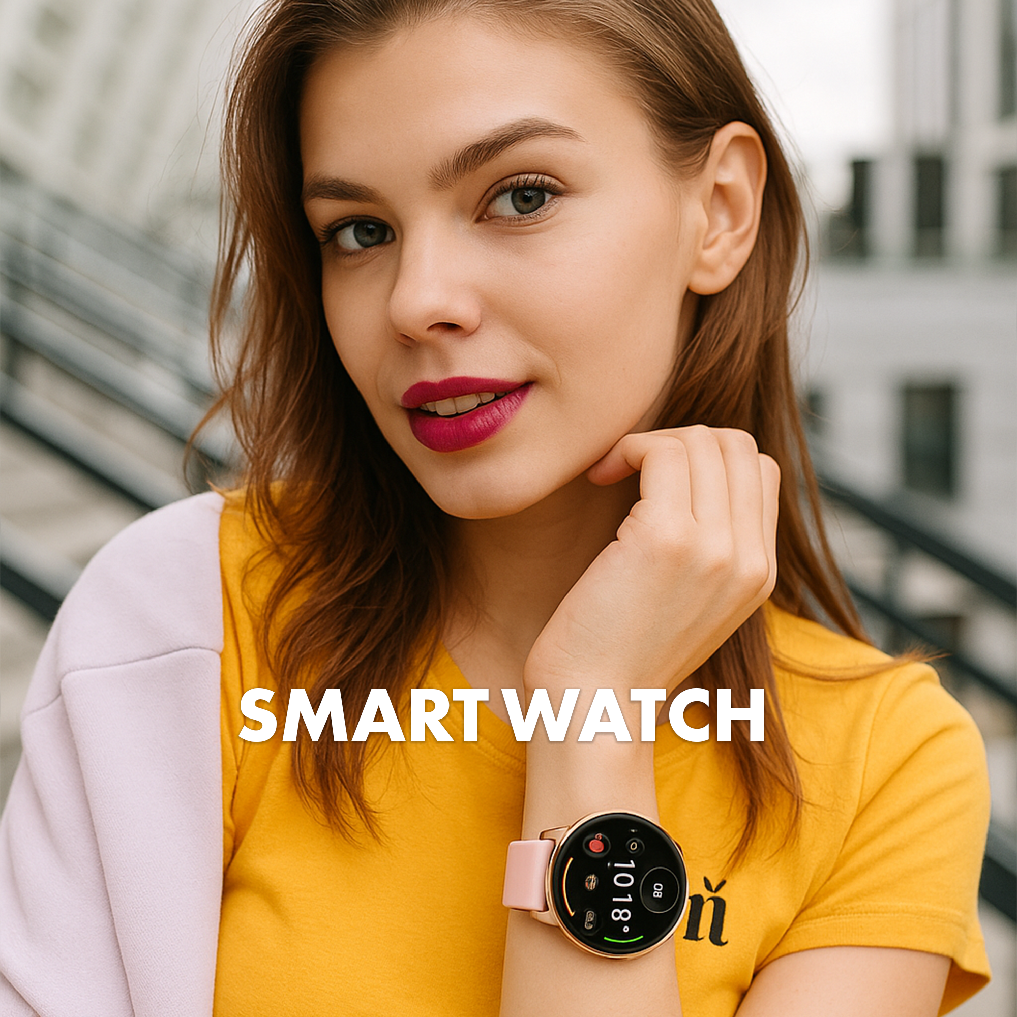Jeune femme portant une montre connectée, chemise jaune et veste rose. L'horloge affiche l'heure. Bâtiment flou en arrière-plan.