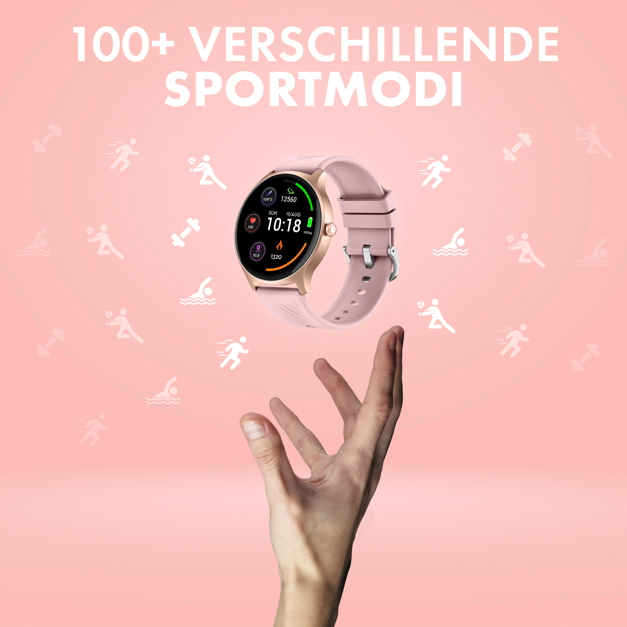 Une main tenant une montre intelligente rose, le fond est rose avec des icônes sportives blanches et du texte en allemand.