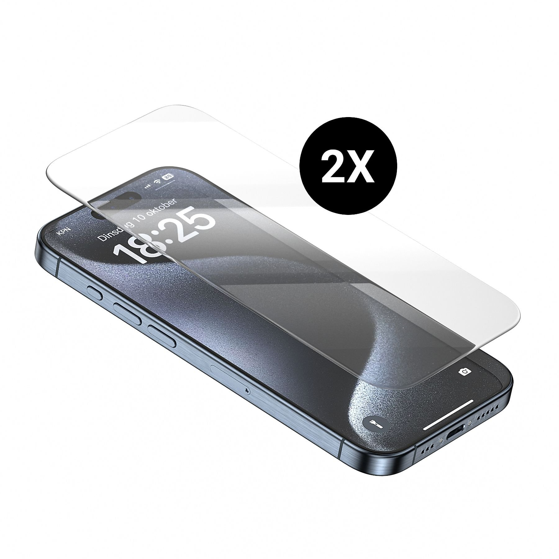 Ein Smartphone mit aufgetragener Displayschutzfolie. Auf dem Telefon werden Uhrzeit und Datum angezeigt. Im Hintergrund ist ein '2X'-Label.