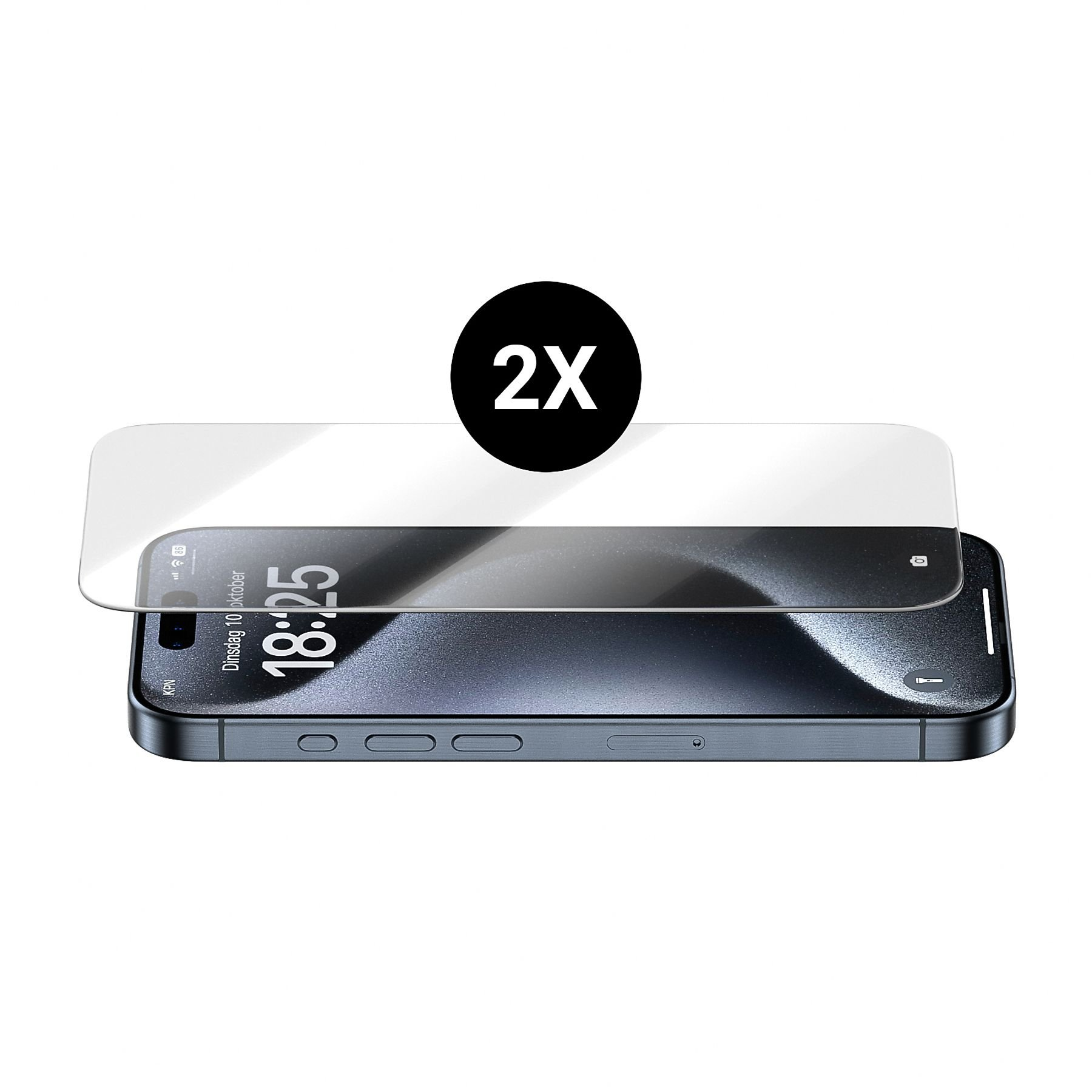 Ein Telefon mit angebrachtem Displayschutz. Oben in der Mitte befindet sich ein schwarzer Kreis mit '2X'.
