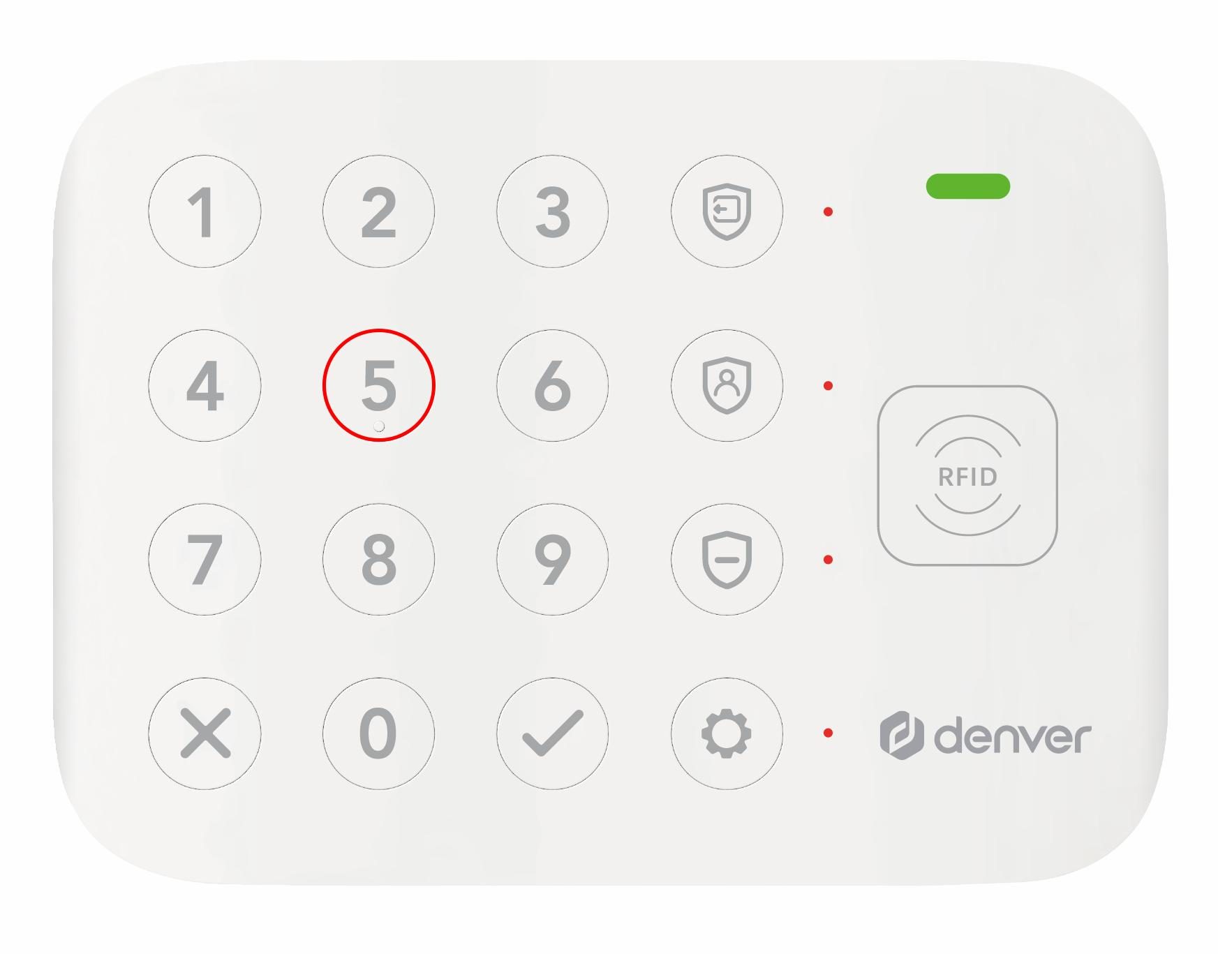 White Denver security system keypad with numbers, icons, and a green light. Number 5 is highlighted in red.
