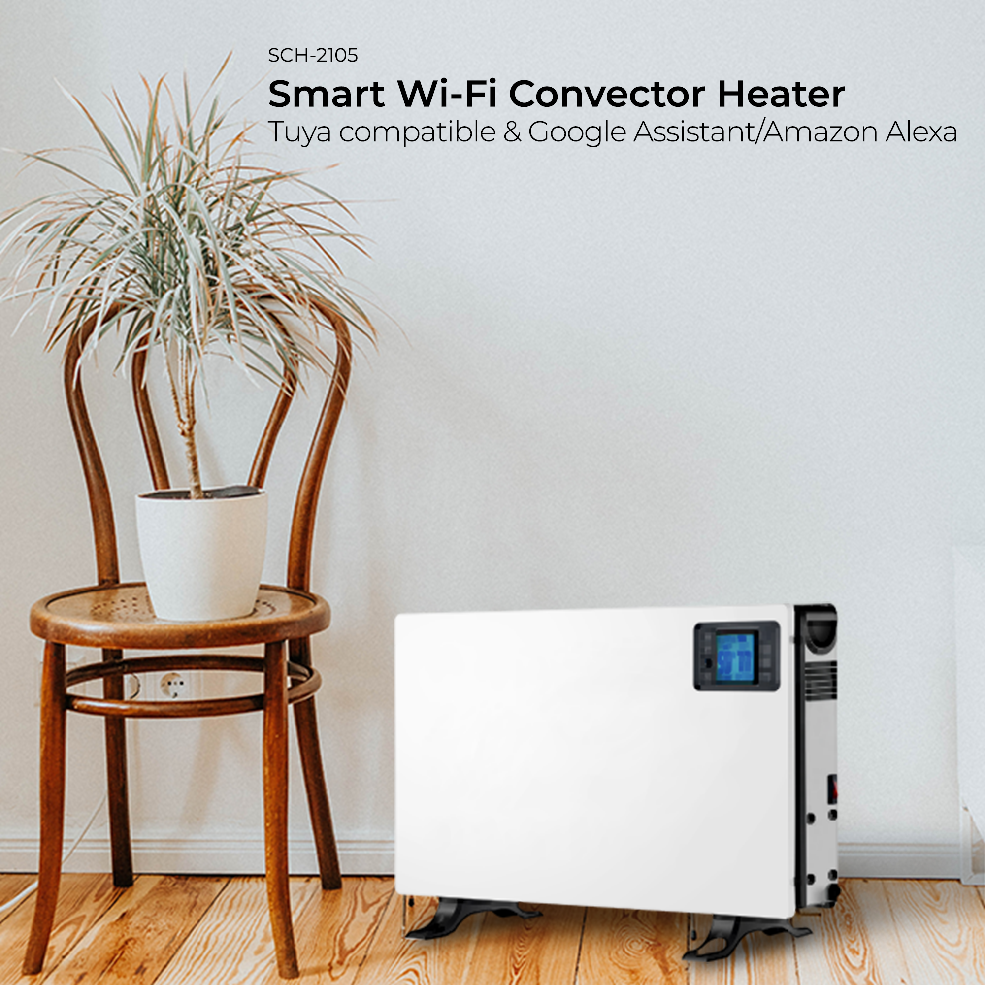 Een witte Smart Wi-Fi convectorkachel naast een houten stoel met een potplant. De achtergrond is een witte muur.