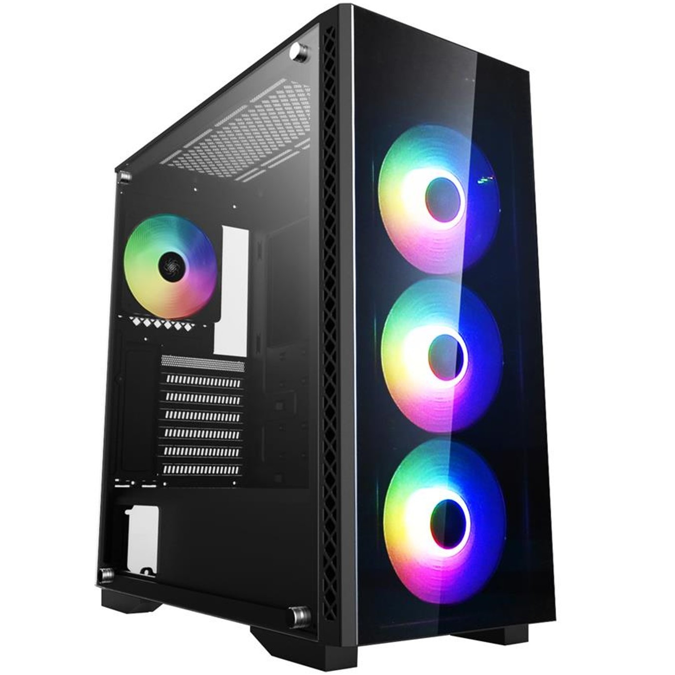 Un case per computer nero con un frontale in vetro. Ha tre ventole LED colorate visibili. Una ventola è visibile anche sul lato.