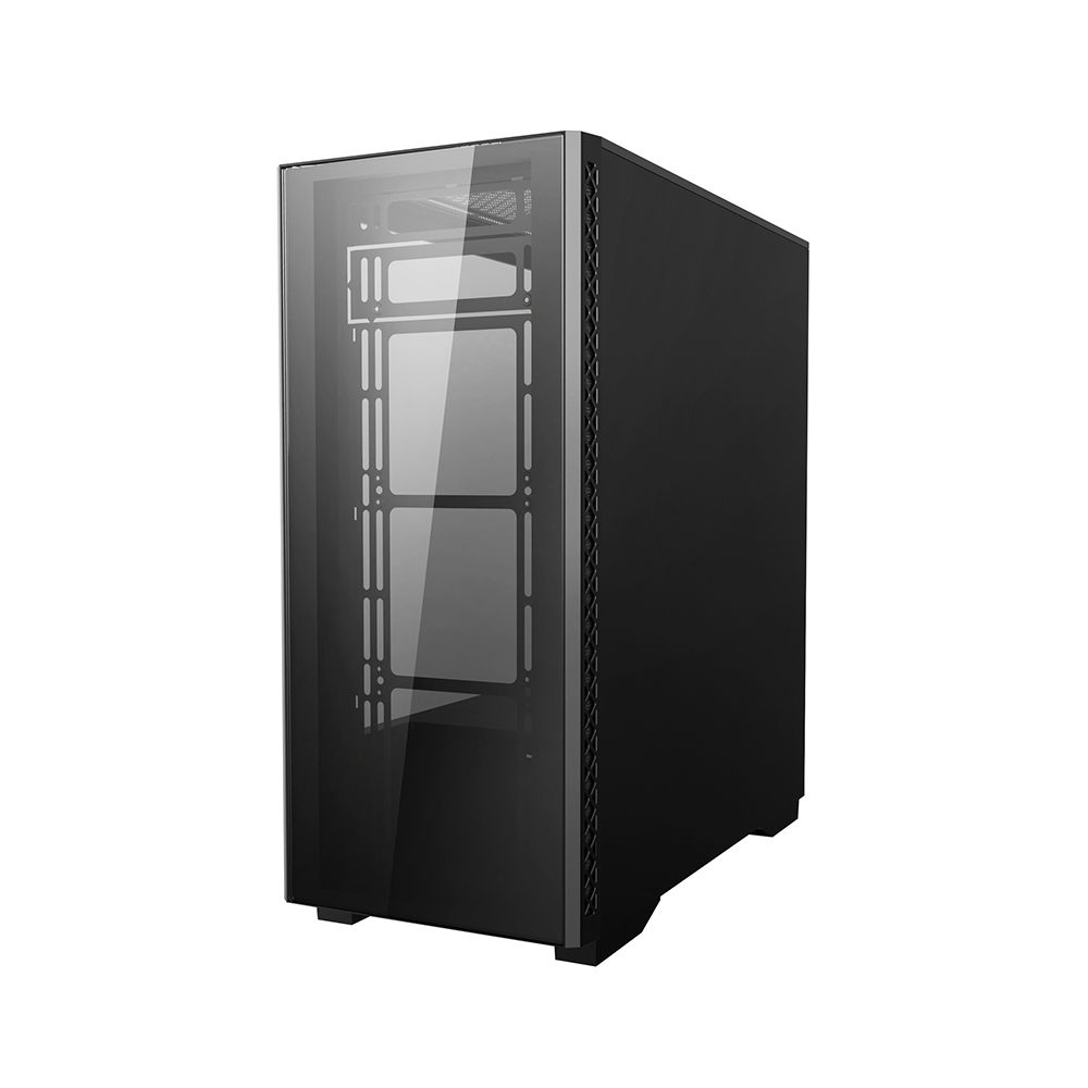 Un case per computer nero con pannello frontale in vetro. Il case è rettangolare con un design elegante, probabilmente per una costruzione PC di fascia alta.
