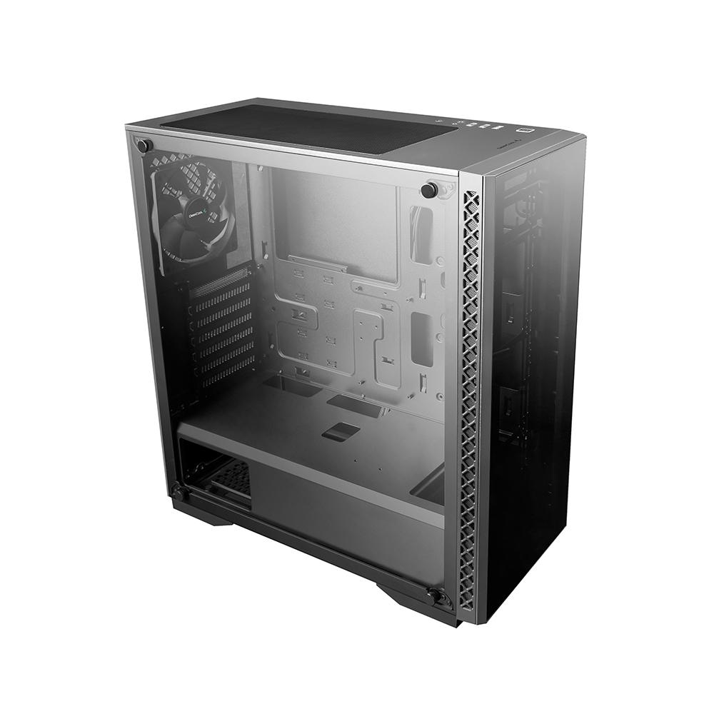 Un case per computer nero con un pannello laterale trasparente. Ha una ventola visibile e un intricato design sul pannello frontale.