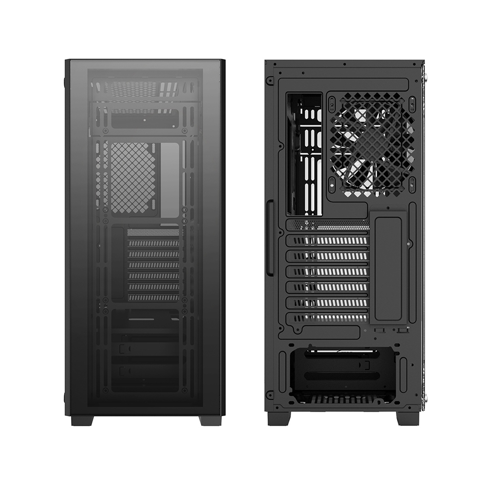 Un case per computer nero è mostrato davanti e dietro. La parte anteriore ha un pannello di vetro, il retro ha una ventola e varie aperture.