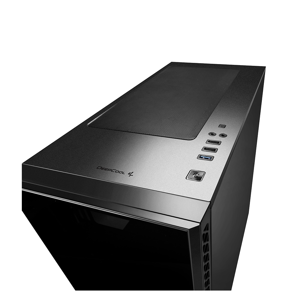 Un case per computer DeepCool. La parte superiore è nera, con una sezione a rete. Sono visibili porte e un pulsante di accensione. Il frontale ha un pannello in vetro scuro.