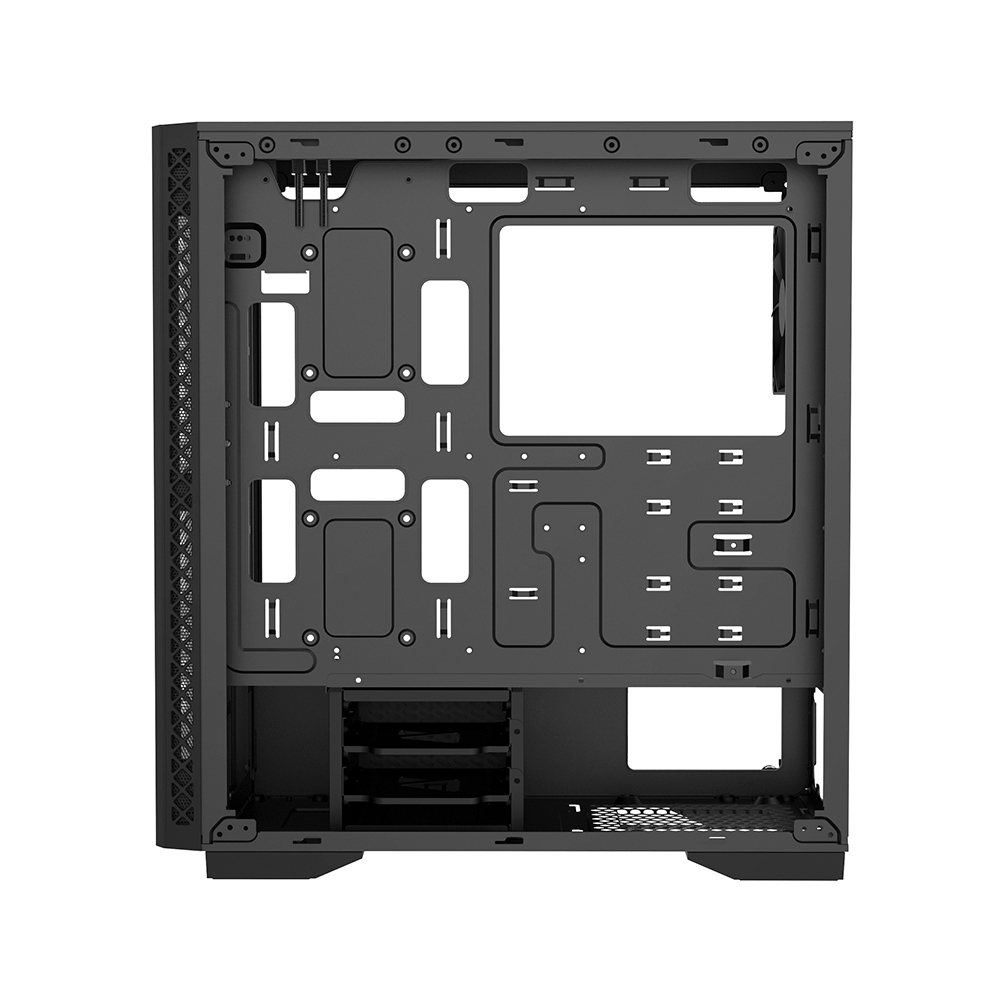 Interno di un case per computer nero, che mostra vari punti di montaggio e aperture per i componenti. Il design è industriale e funzionale.