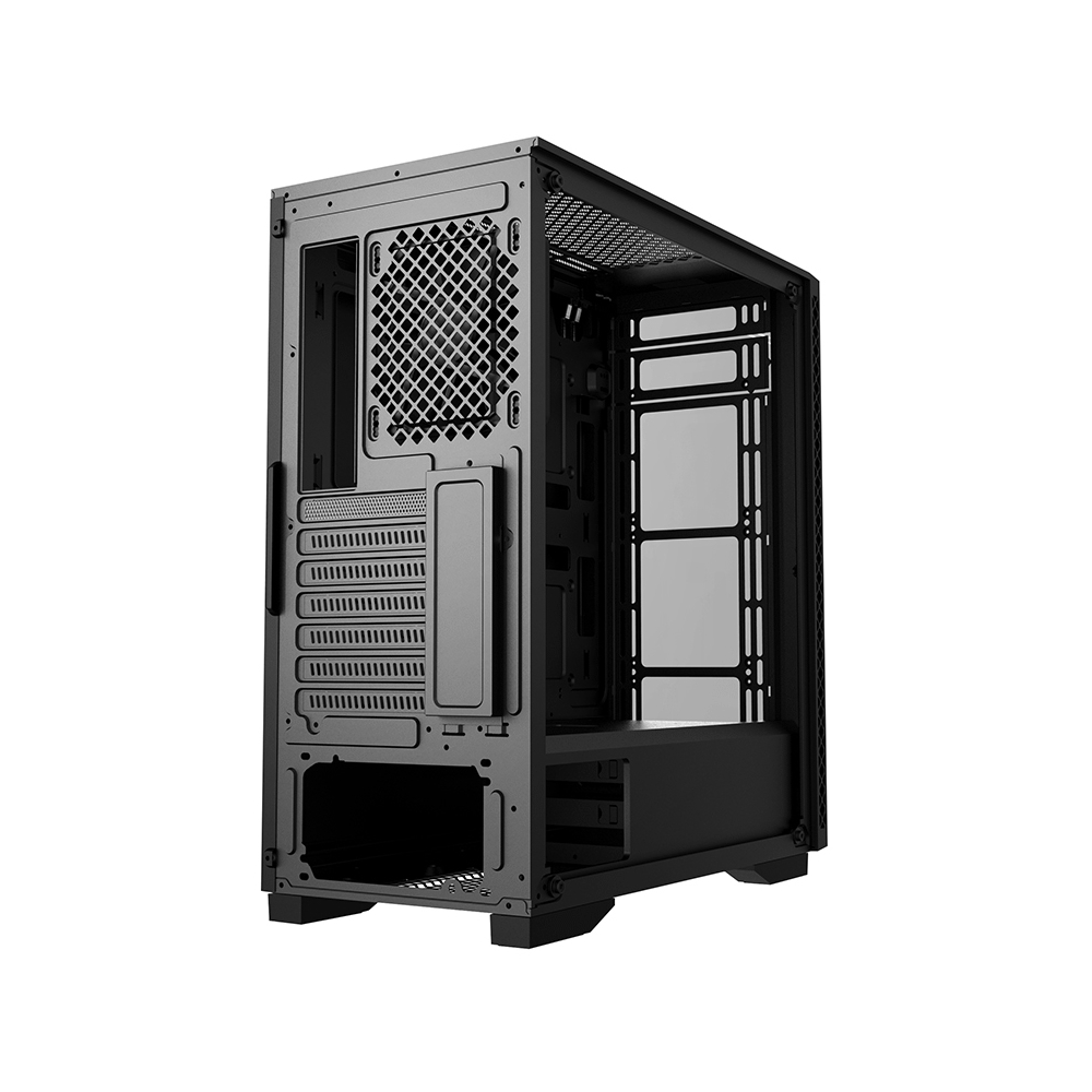 Un case per computer nero su sfondo bianco. Ha un frontale a rete e una finestra laterale, rivelando l'interno.