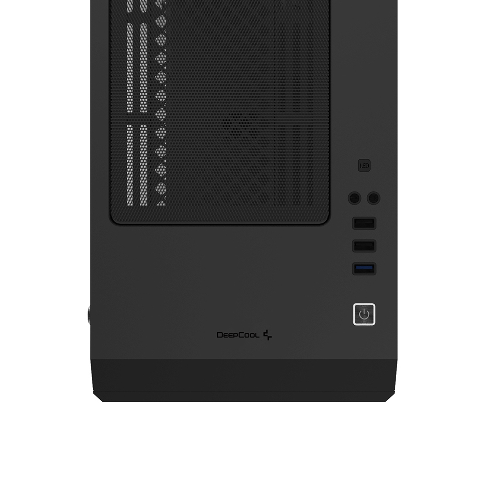 Case per computer nero. Ha una parte anteriore a rete, un pulsante di accensione e porte USB. È visibile il marchio DeepCool.
