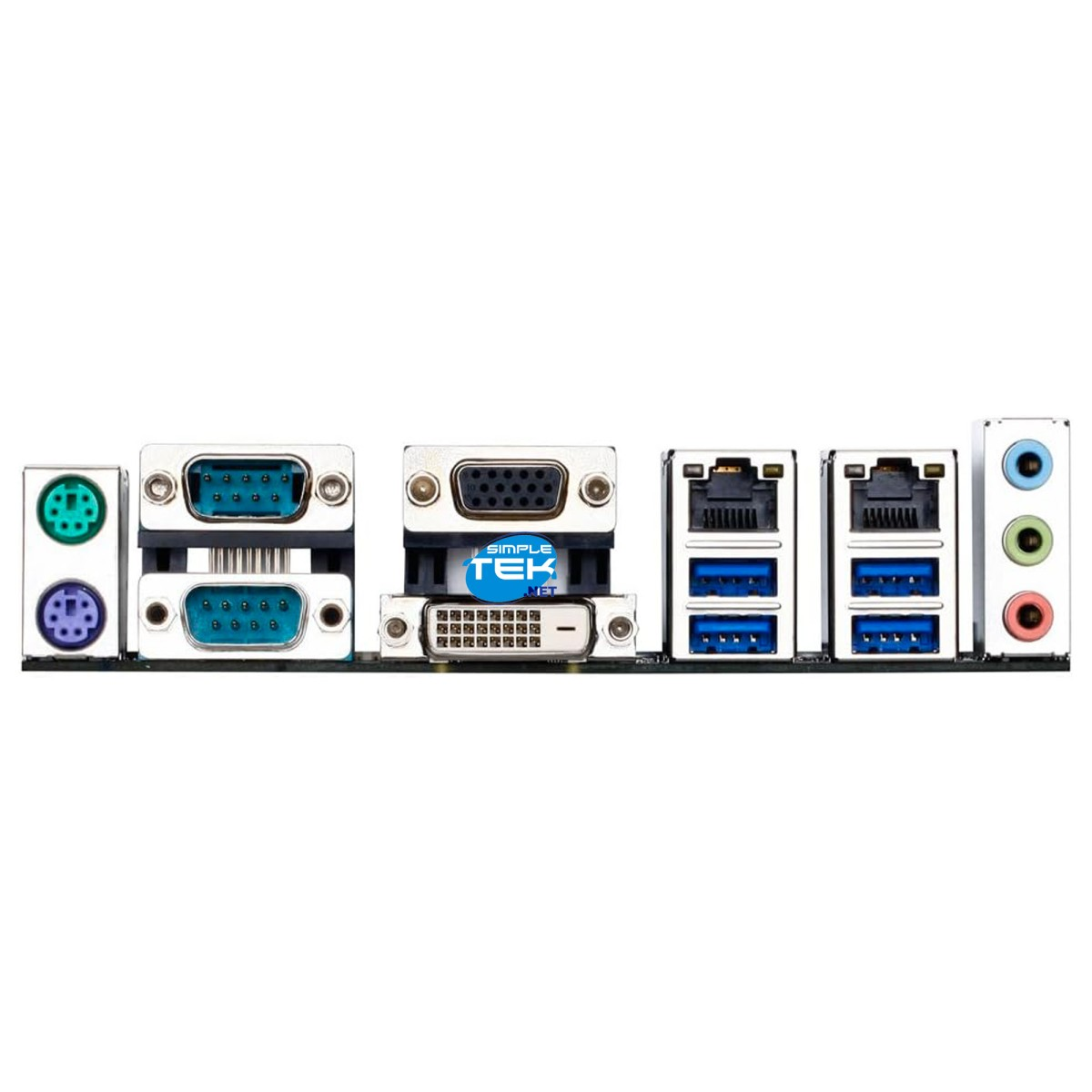 Primo piano del pannello I/O di una scheda madre. Include varie porte come VGA, DVI, USB, jack audio e porte PS/2.