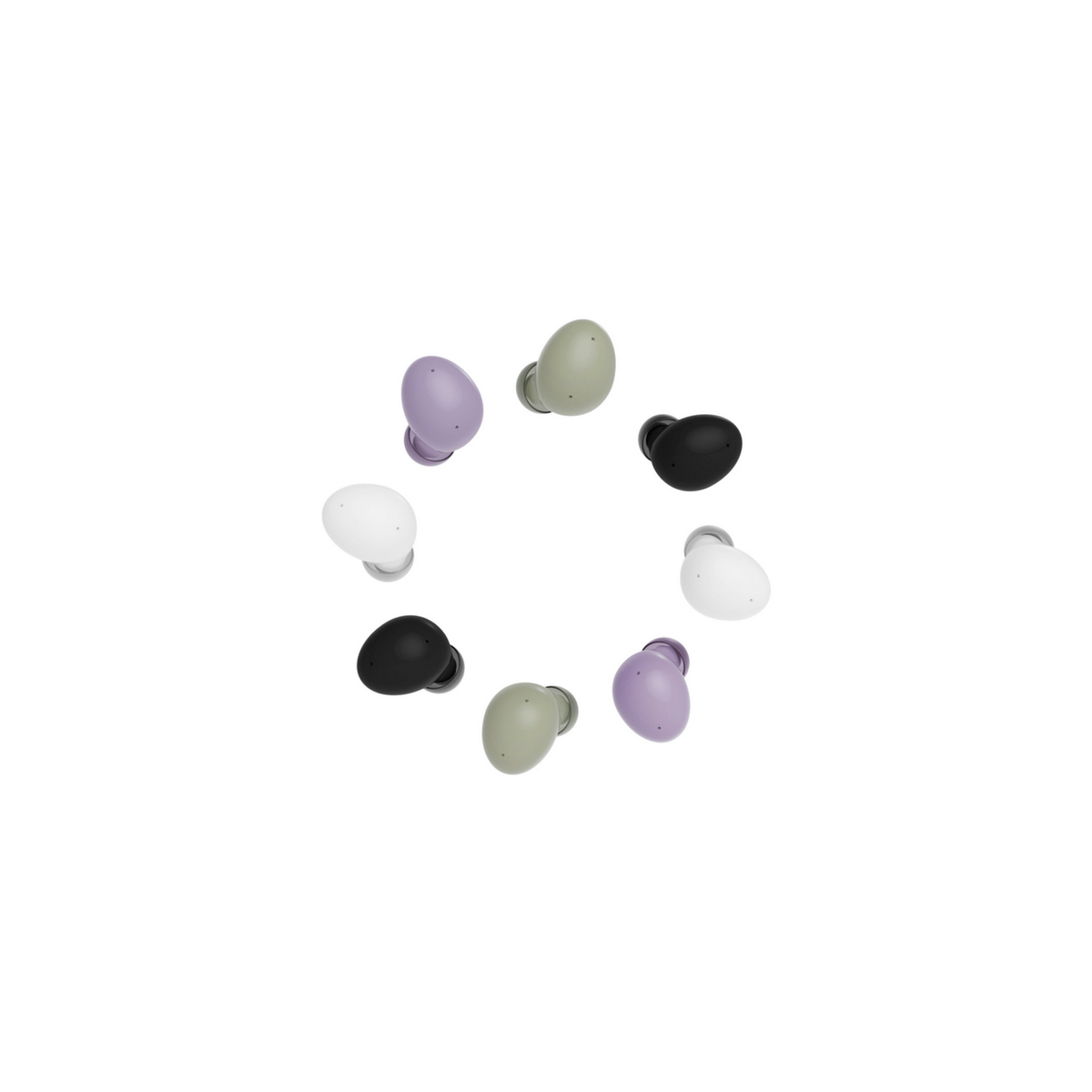 Auricolari di vari colori (nero, bianco, viola e verde) disposti in cerchio su sfondo bianco.
