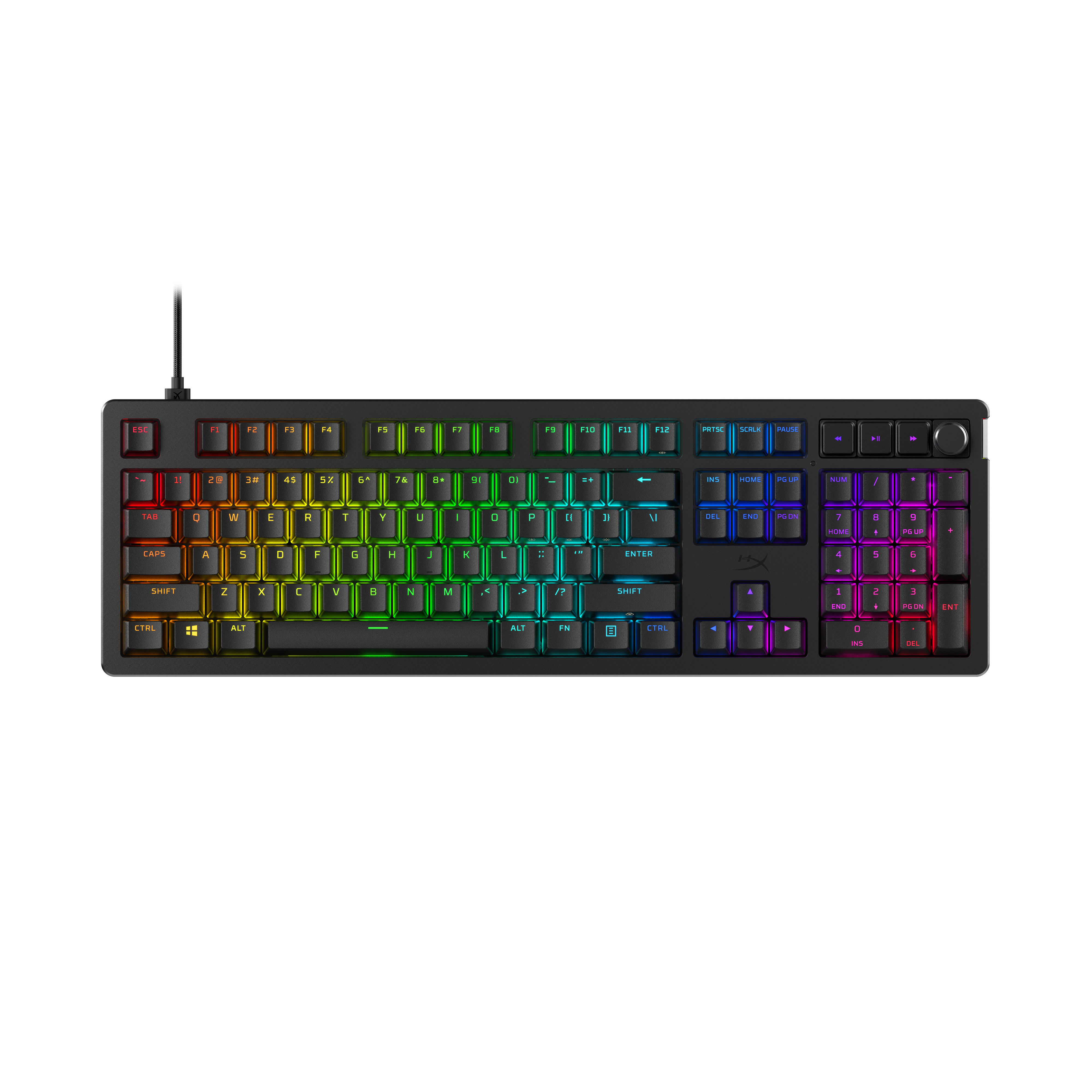 Tastiera nera con retroilluminazione RGB. I tasti sono etichettati con caratteri bianchi. Un cavo nero esce dall'alto.