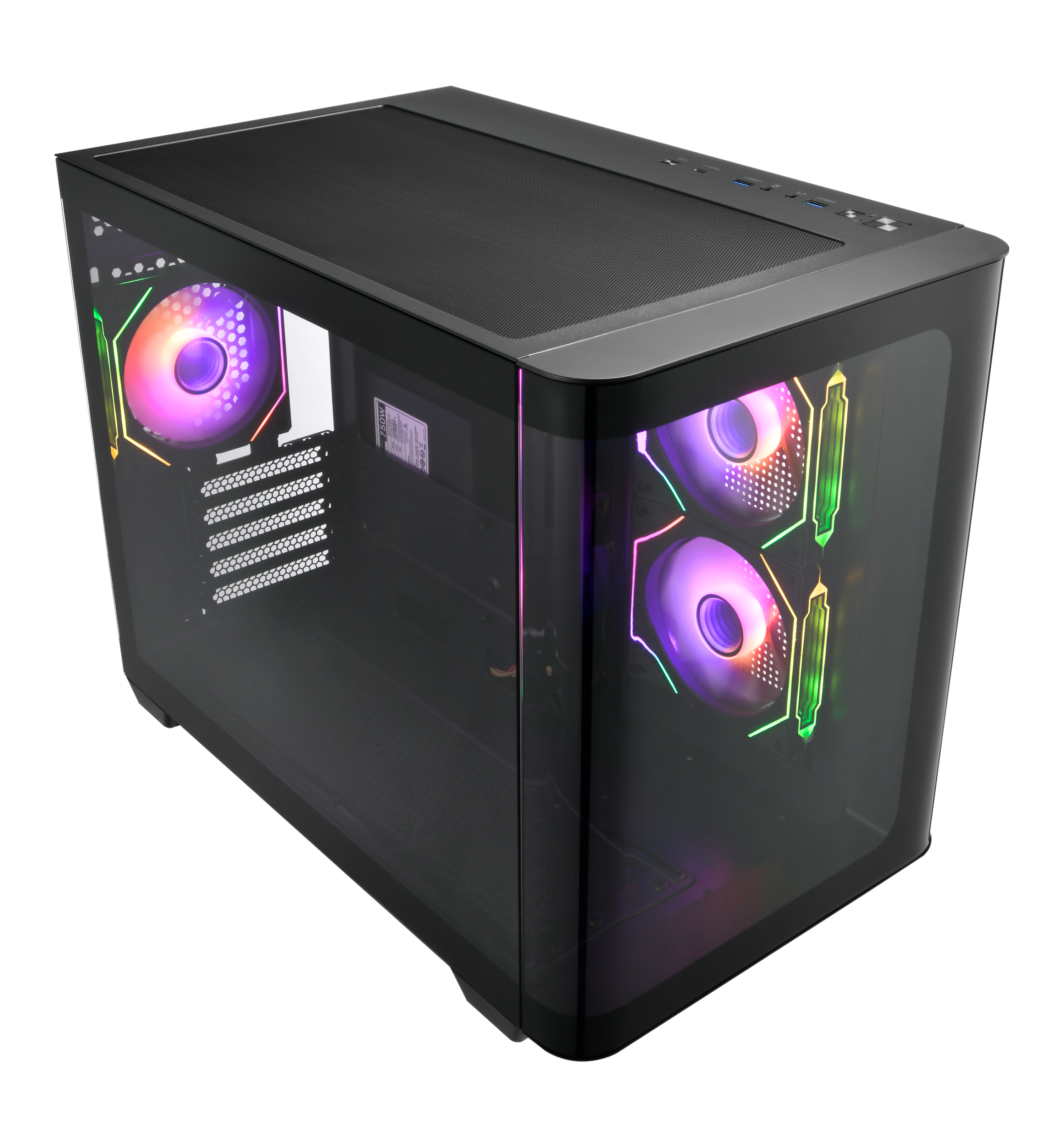 Un case per computer nero con pannello laterale trasparente, con ventole e illuminazione RGB. Le porte USB sono visibili in alto.