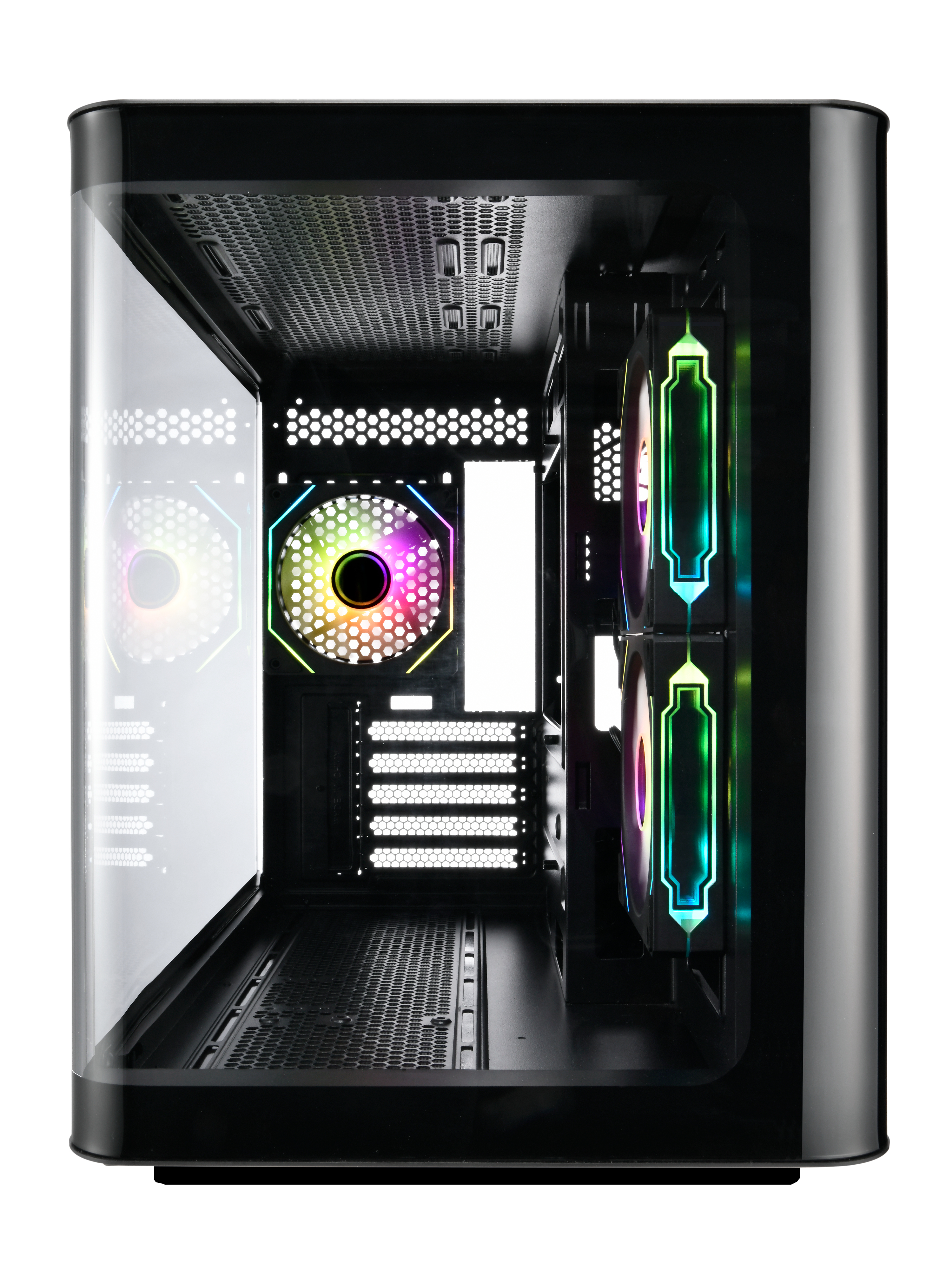 Un case per computer nero con pannello laterale trasparente. Componenti interni visibili, tra cui ventole RGB.
