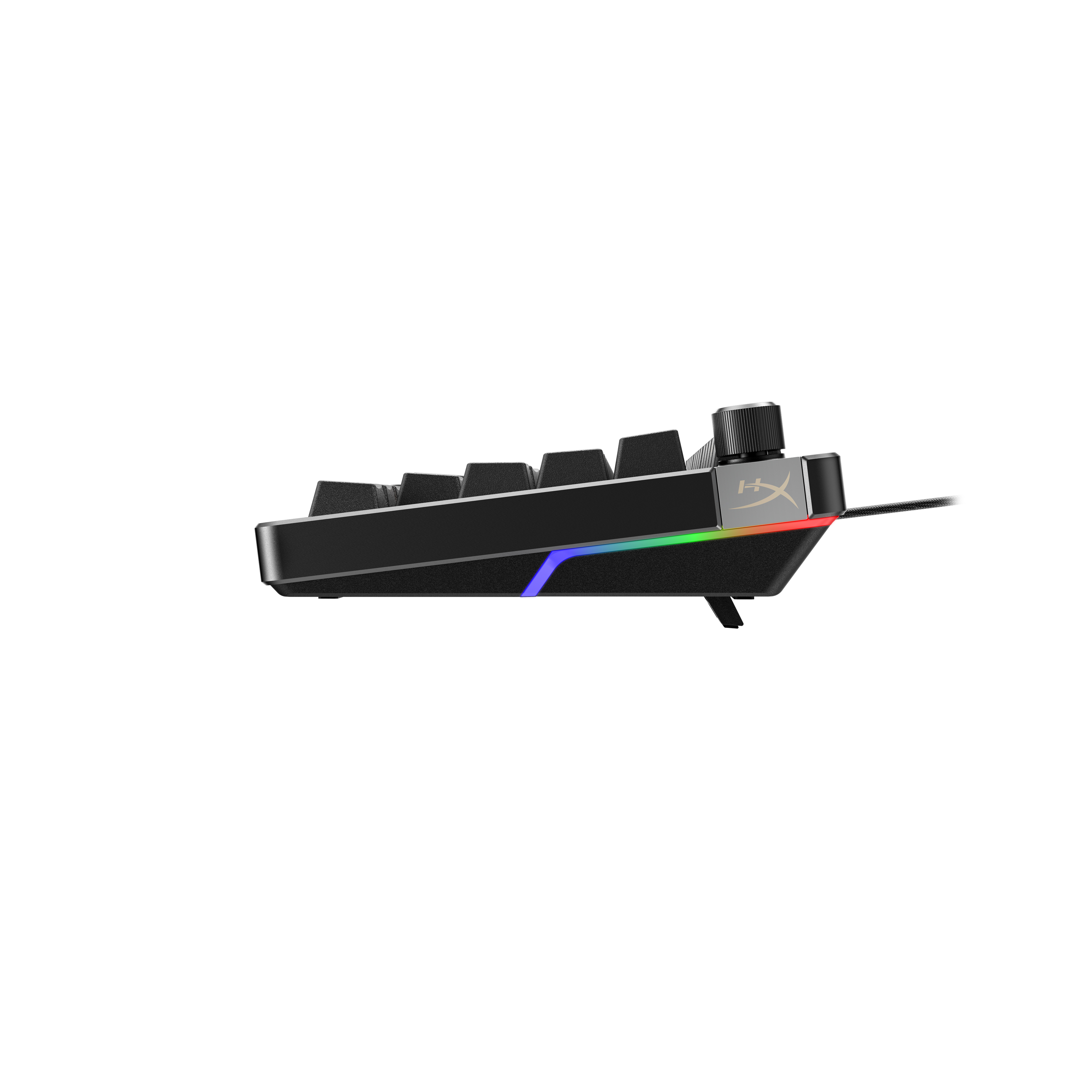 Vista laterale di una tastiera nera con tasti neri, manopola del volume e logo HyperX. Illuminazione RGB in basso.