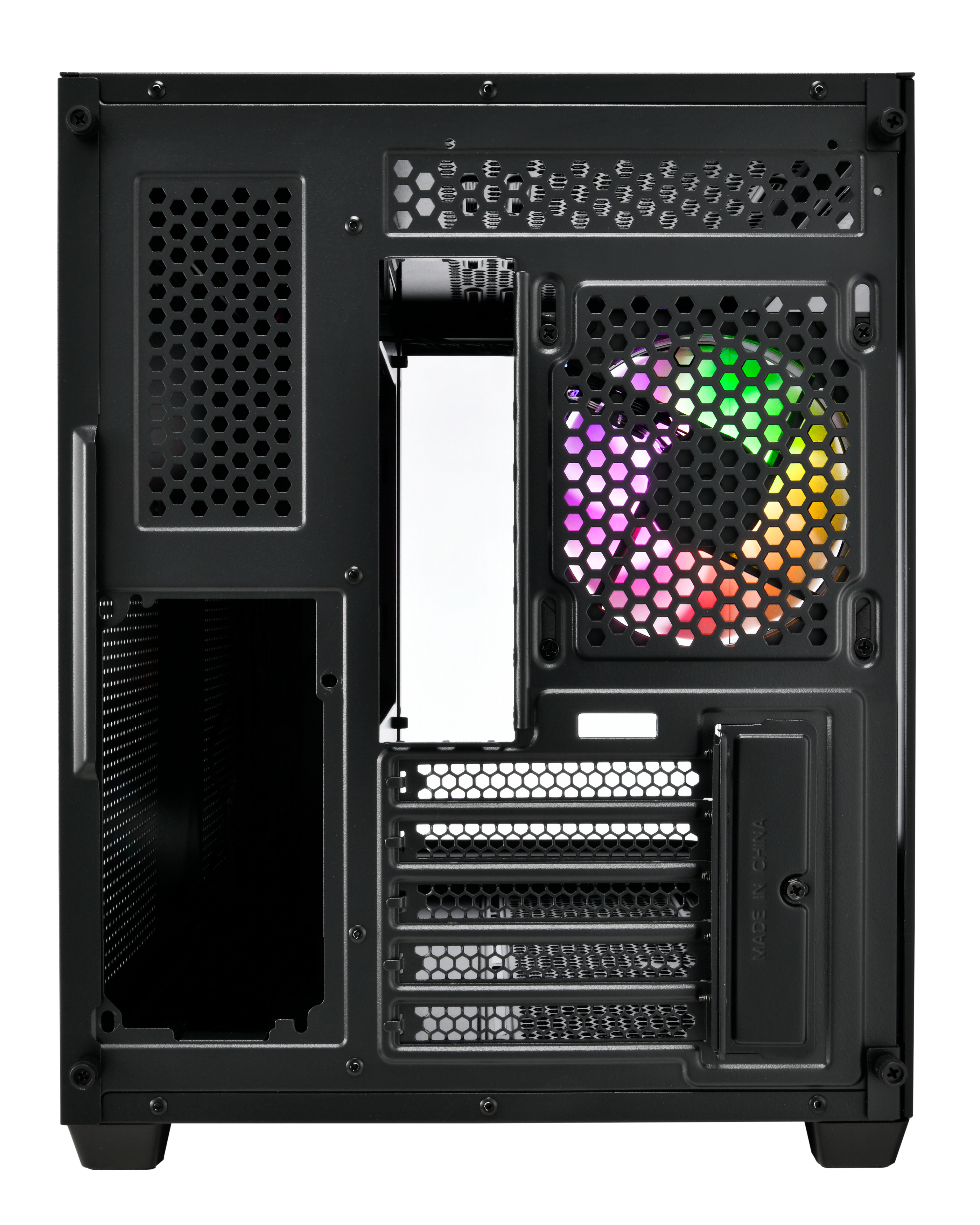 Interno di un case per computer nero. Ha più aperture, una ventola con luci colorate e un'etichetta 'Made in China'.