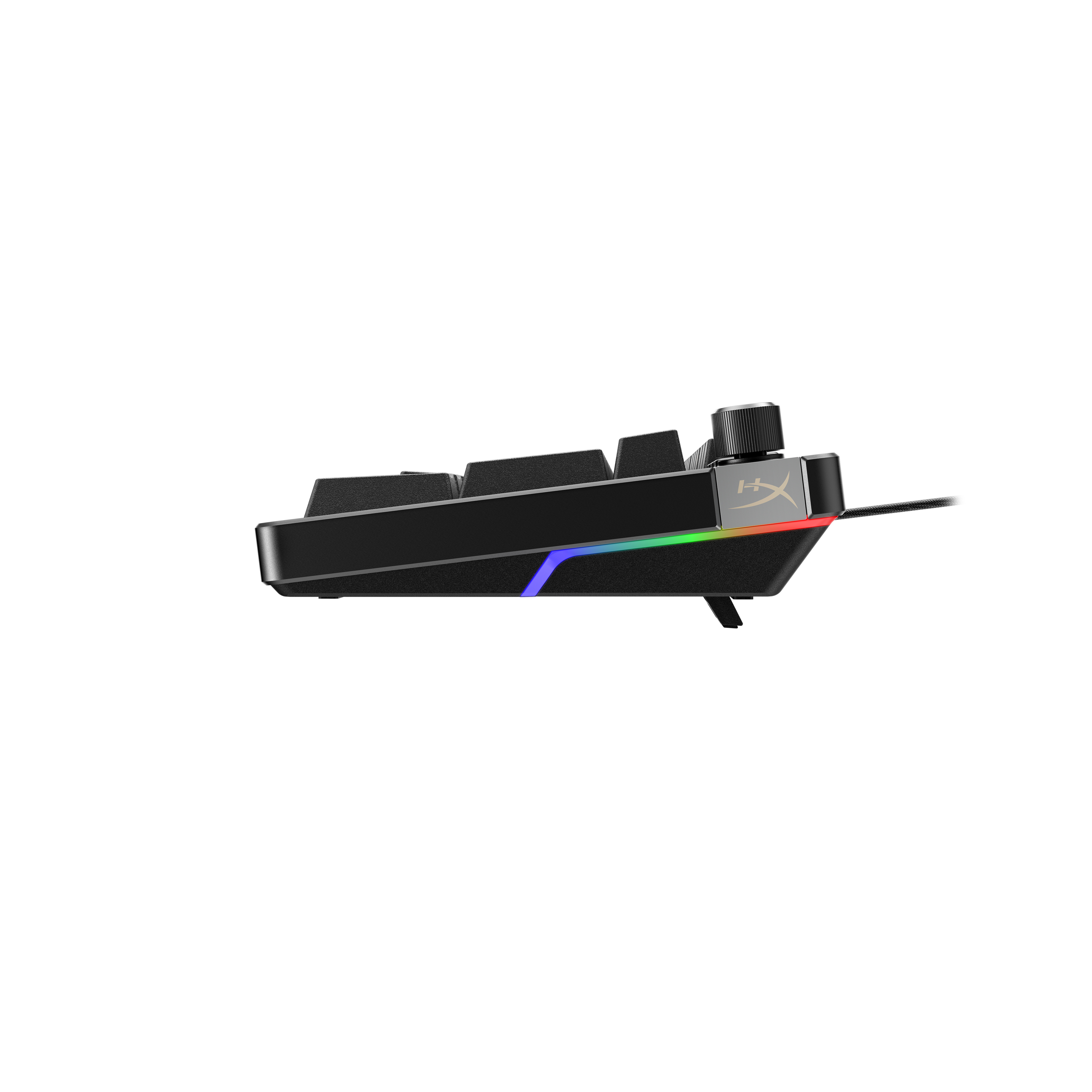 Vista laterale di una tastiera da gioco nera con manopola del volume. La tastiera ha illuminazione RGB sul bordo inferiore.