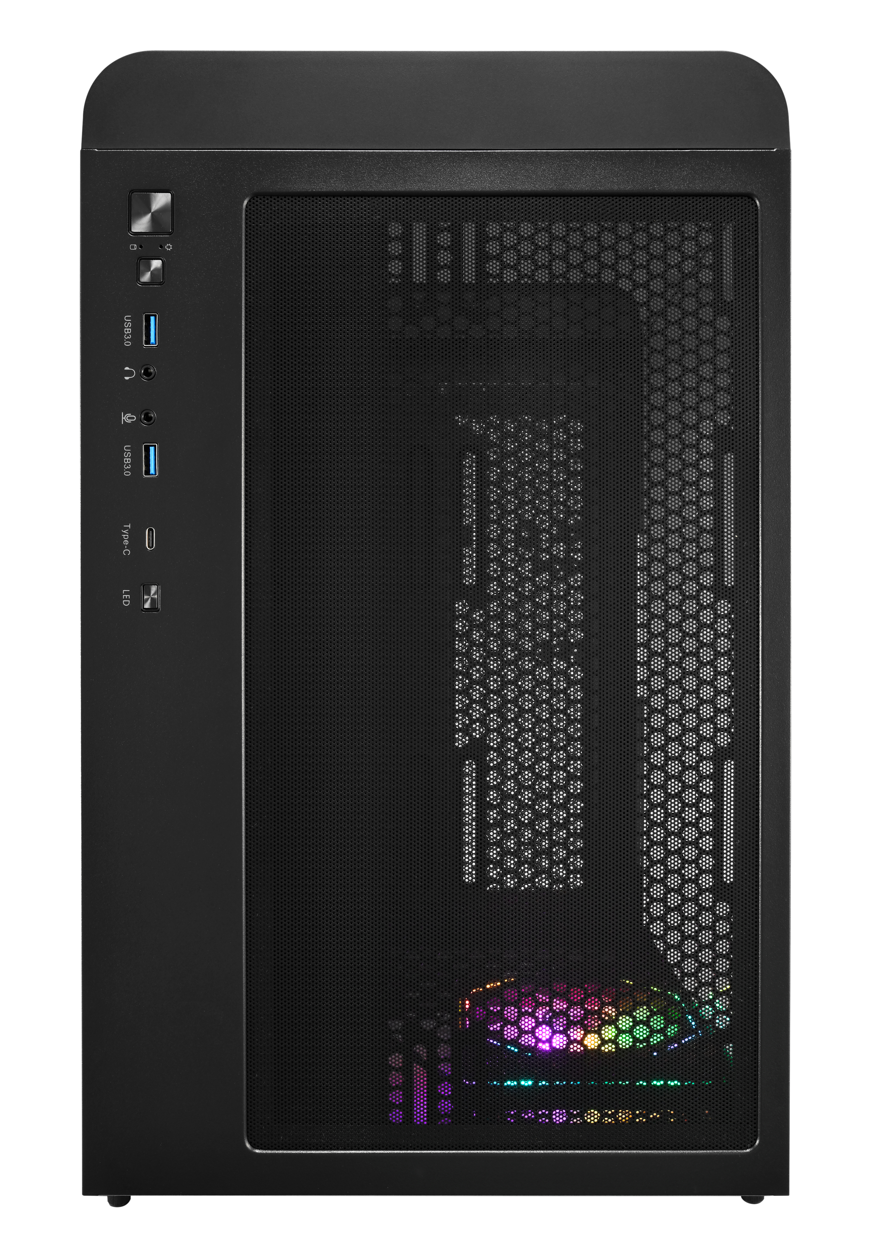 Case per computer nero. Il frontale ha un pannello a rete. Il lato ha porte USB e pulsanti. Luci colorate all'interno.