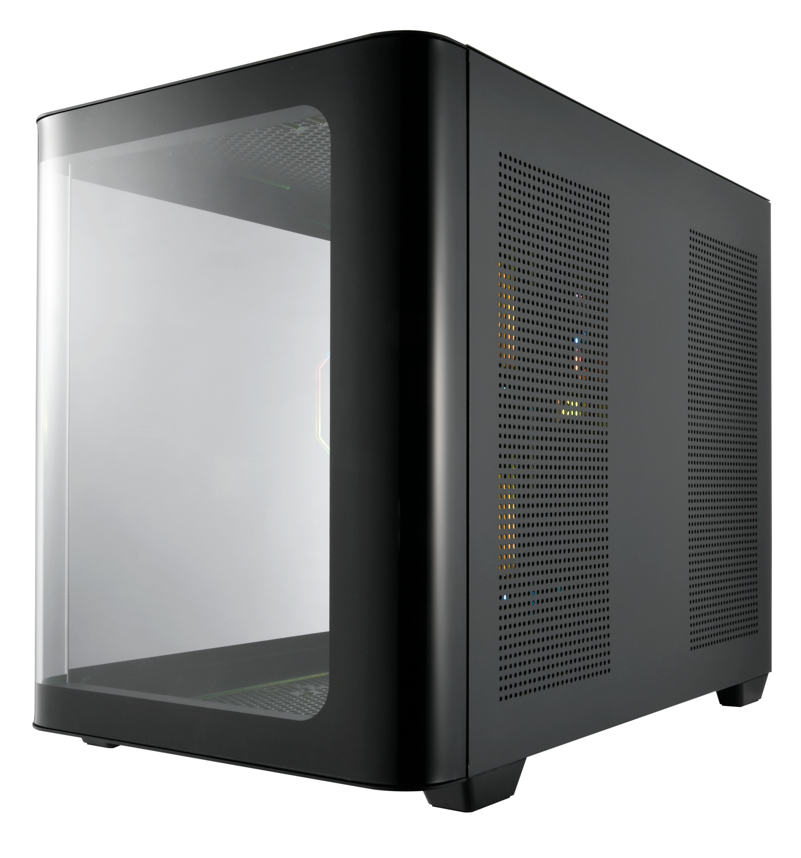 Un case per computer nero con un pannello laterale in vetro, che mostra i componenti interni. Il case ha un pannello a rete e poggia su piccoli piedini.