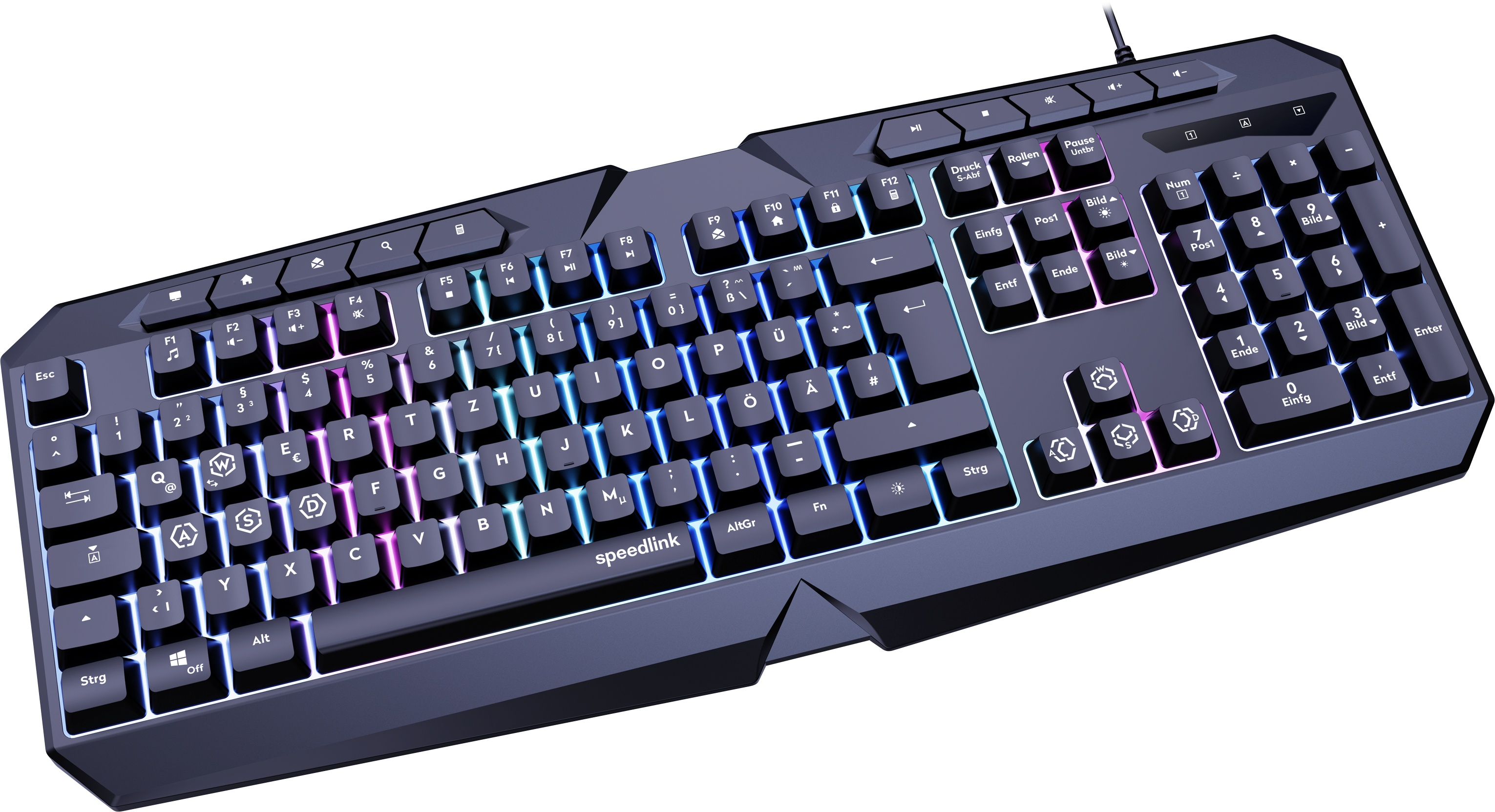 Una tastiera gaming Speedlink nera con tasti illuminati. I tasti sono neri con lettere e numeri bianchi.