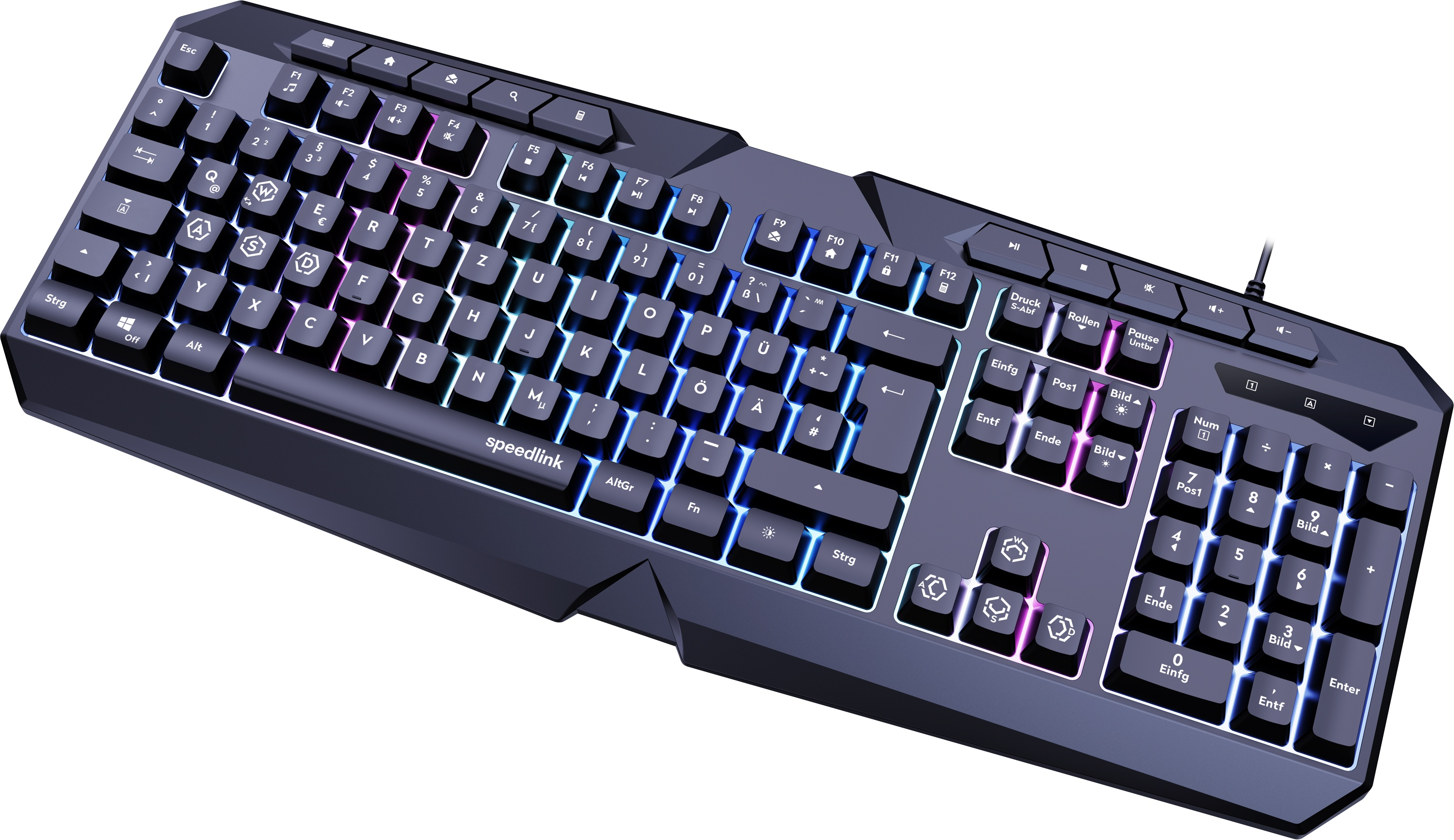 Una tastiera Speedlink nera e illuminata. I tasti sono etichettati con lettere, numeri e simboli, con illuminazione colorata.