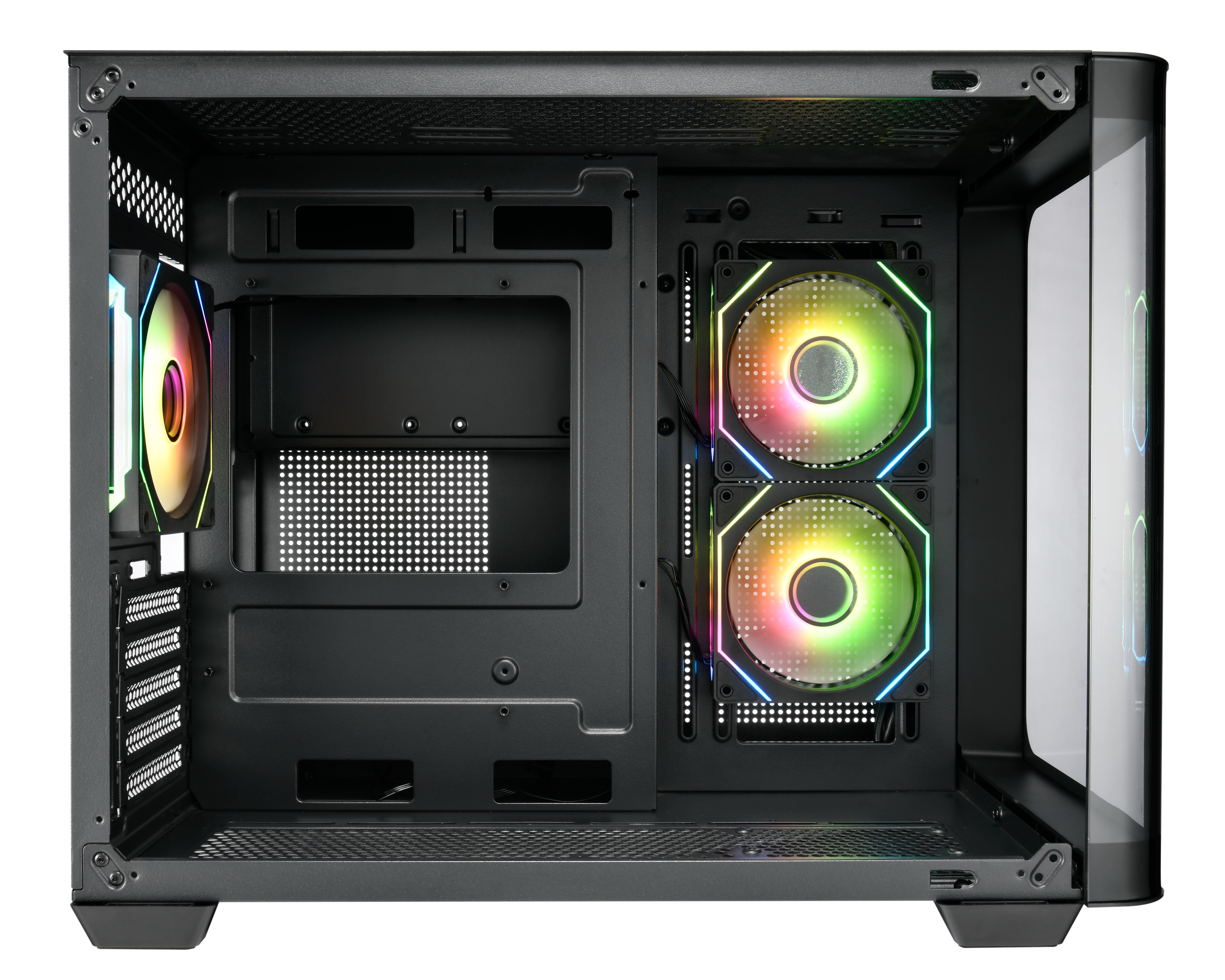 Case per computer nero con ventole LED colorate. Un pannello laterale trasparente mostra i componenti interni. Design moderno.