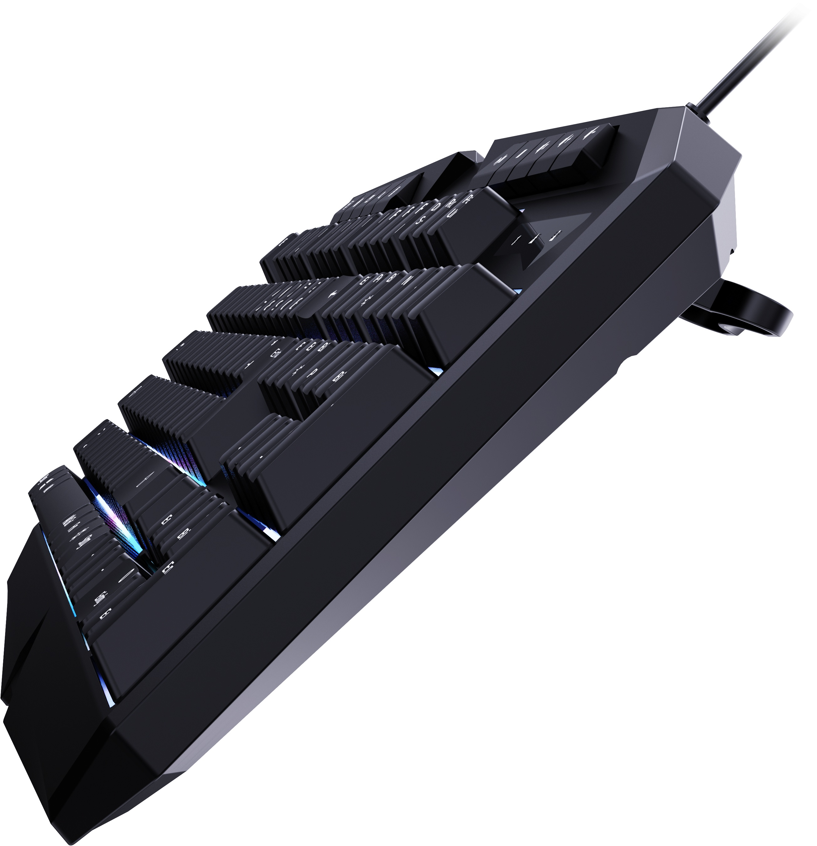 Tastiera meccanica nera angolata lateralmente. Tasti visibili con scritte bianche. Illuminazione RGB presente.