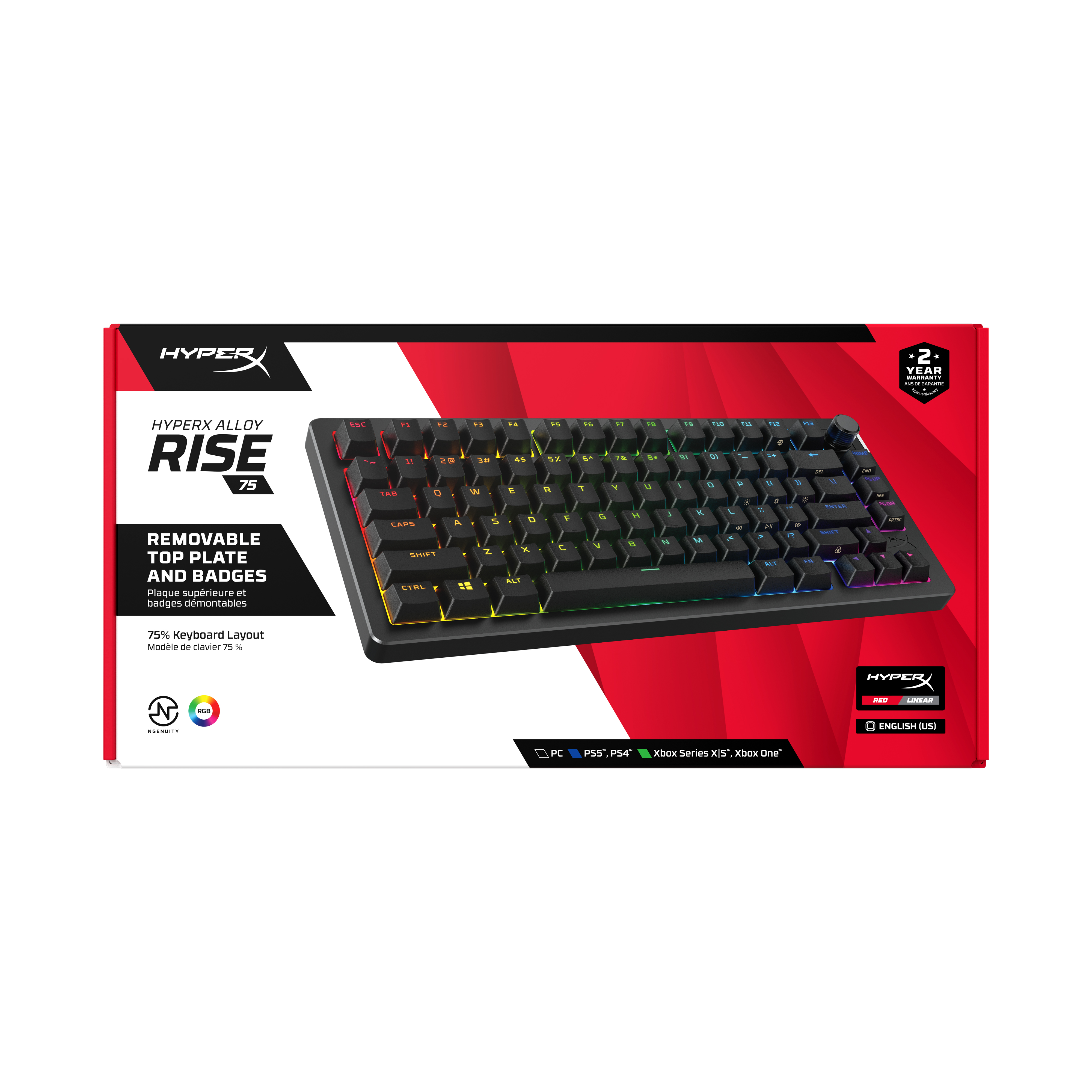 Viene mostrata una scatola della tastiera HyperX Alloy Rise 75. La tastiera è nera con illuminazione RGB.