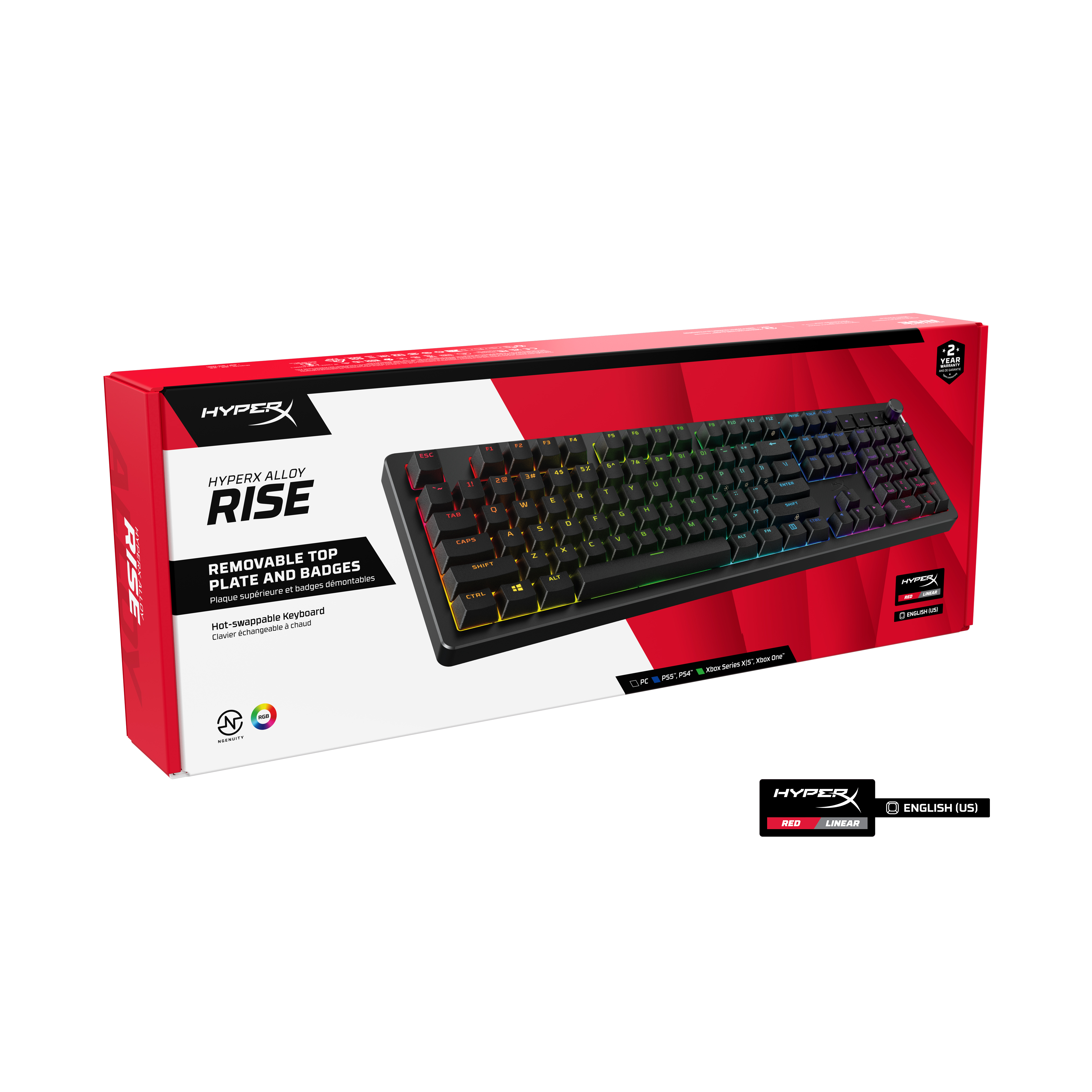 Una scatola di tastiera mostra una tastiera nera con luci RGB, una scatola rossa e nera e il logo HyperX.
