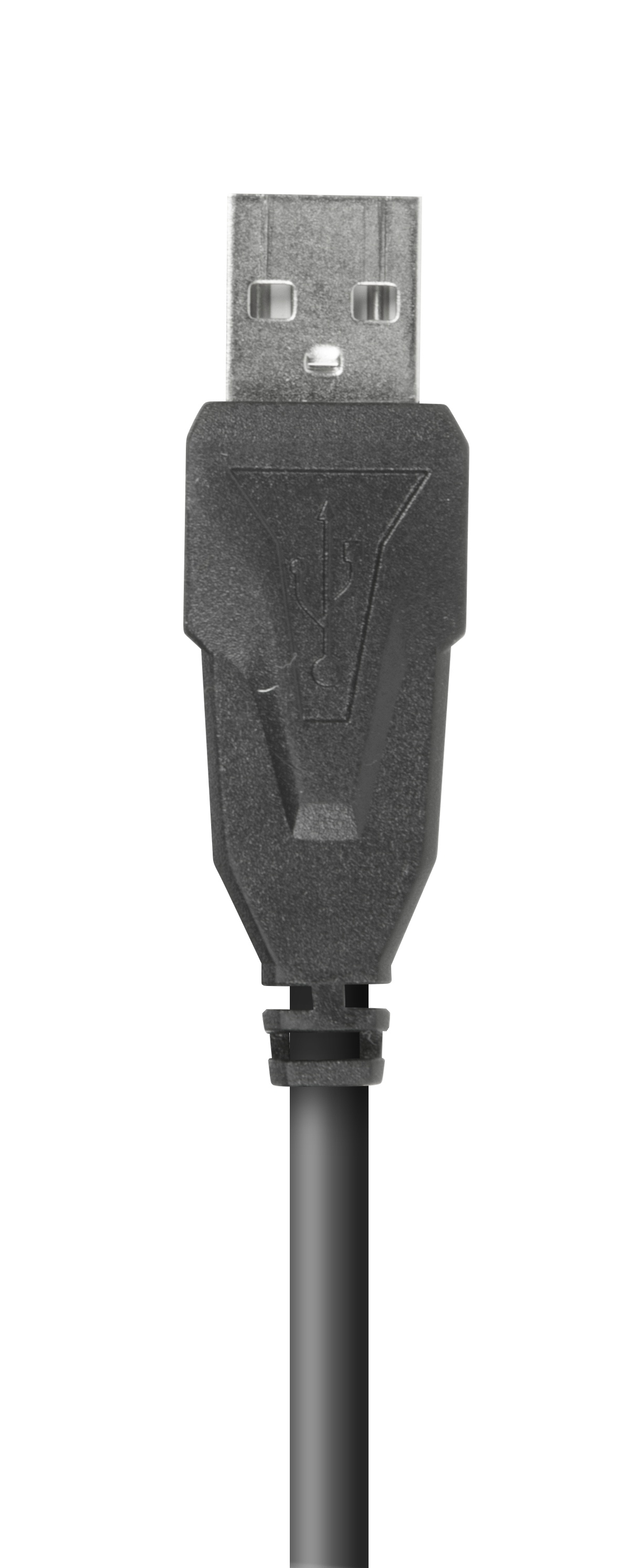 Primo piano di un cavo USB. Il connettore è nero con un simbolo USB e il cavo è nero, su sfondo bianco.