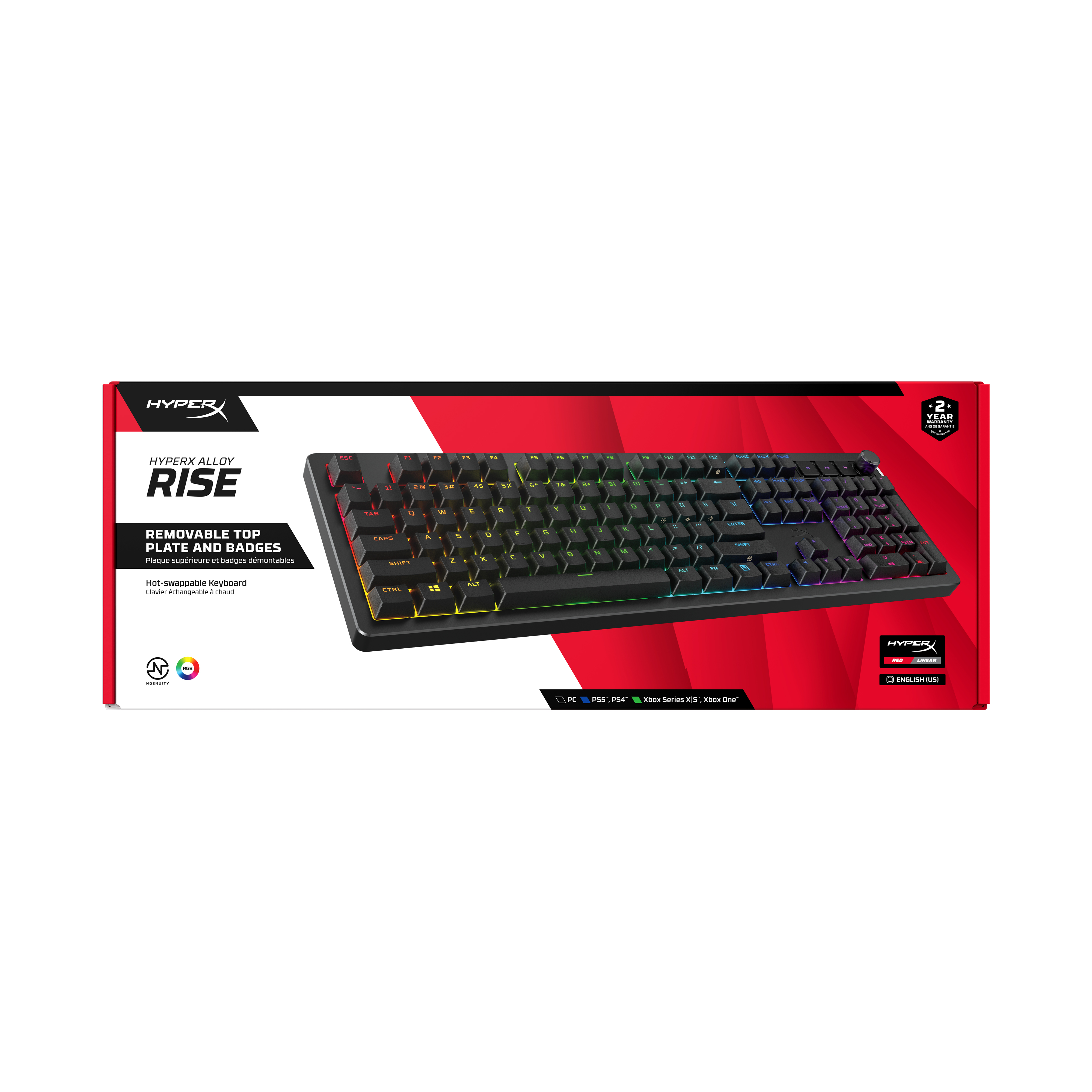 Una scatola per tastiera con una tastiera nera all'interno. Ha dettagli rossi e il marchio HYPERX.