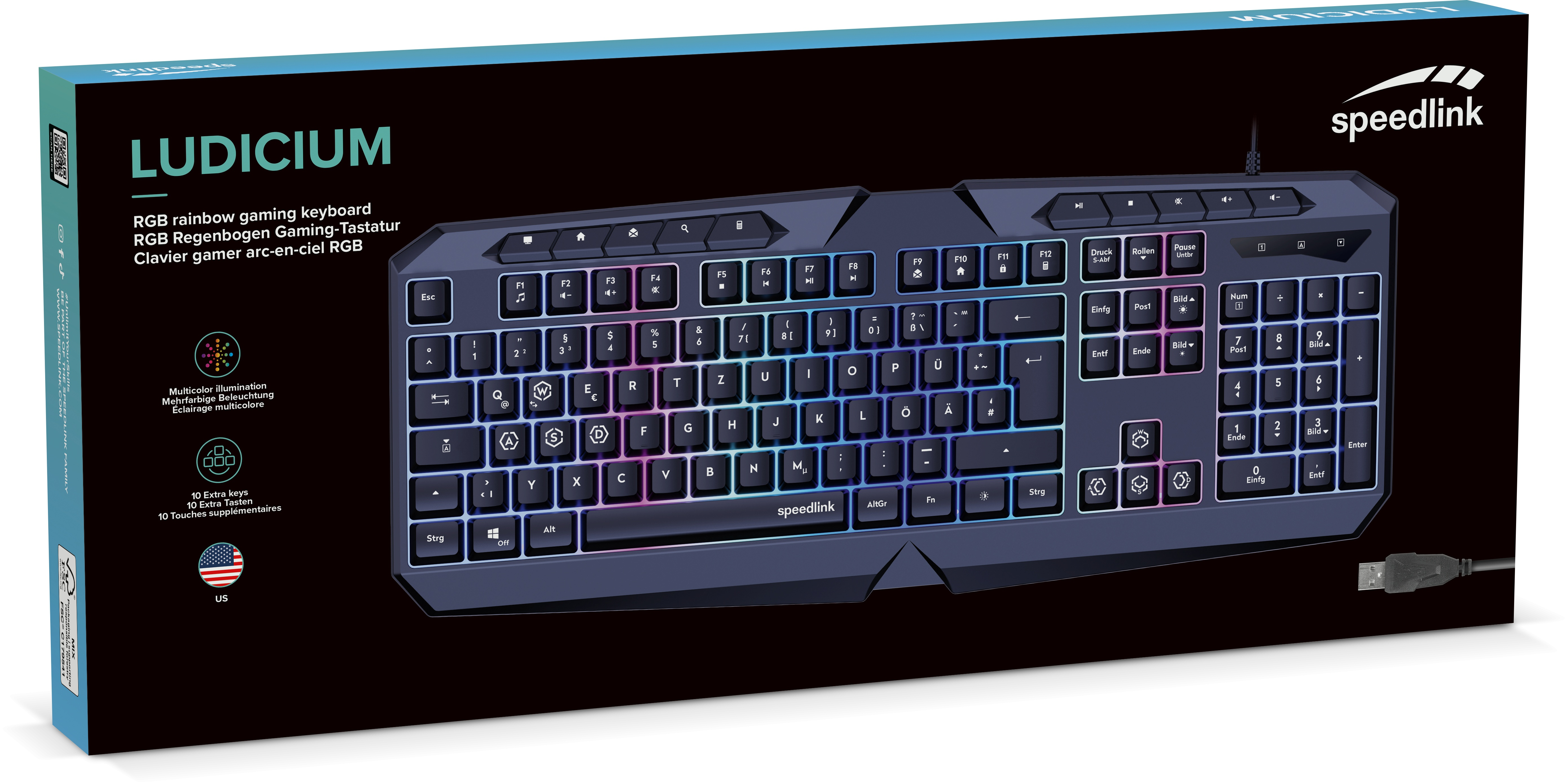 Una tastiera da gioco in una scatola. Ha tasti colorati e il marchio è 'speedlink'.