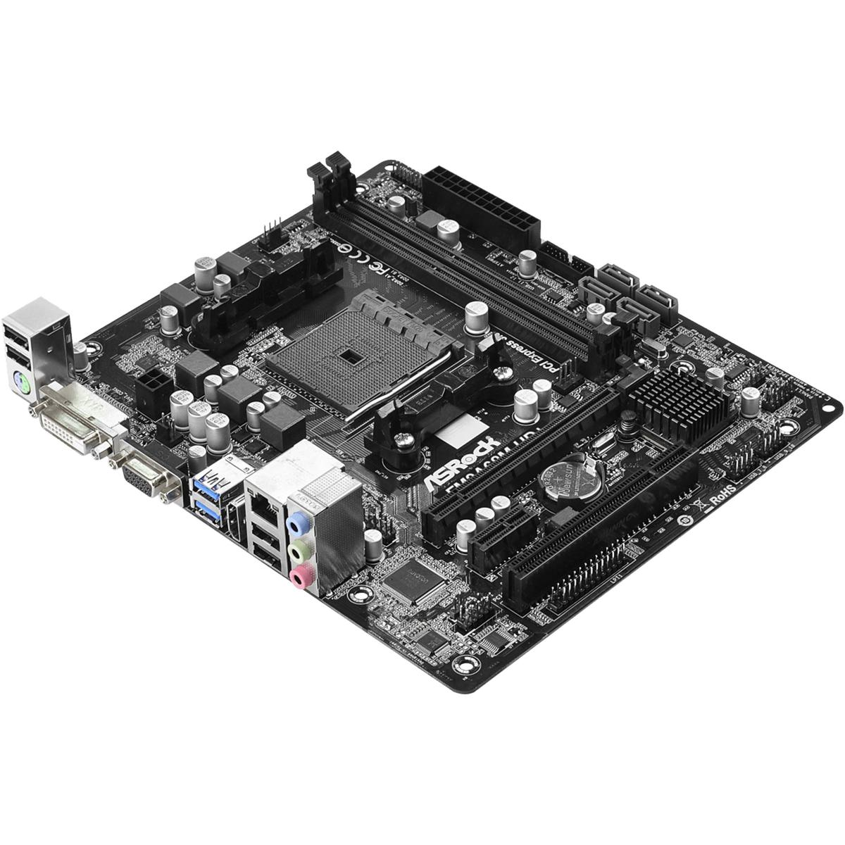 Una scheda madre di computer nera e argento con varie porte, slot e connettori, con il logo ASRock.