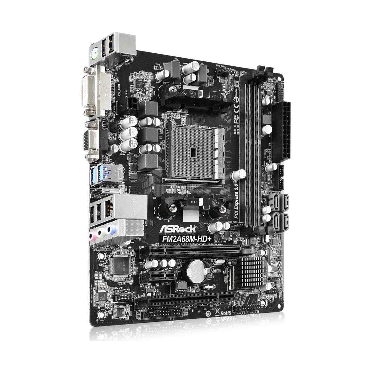 Una scheda madre per computer nera su sfondo bianco, con vari componenti e il logo ASRock FM2A68M-HD+.