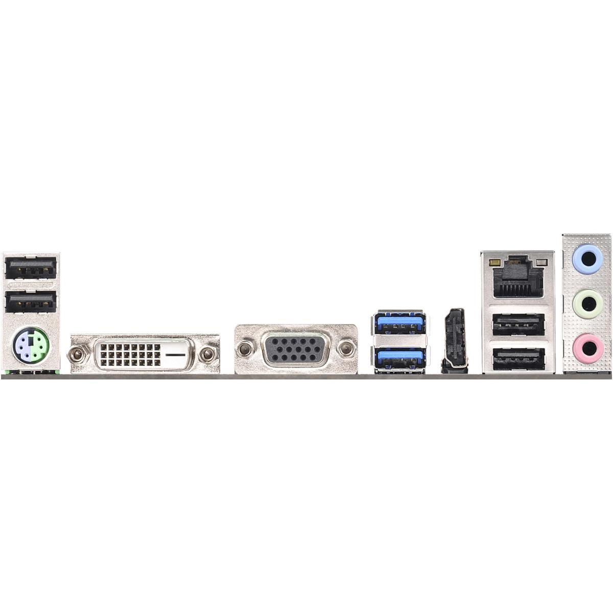 Pannello posteriore di una scheda madre di computer, con varie porte e connettori. Include USB, VGA, audio e porte di rete.