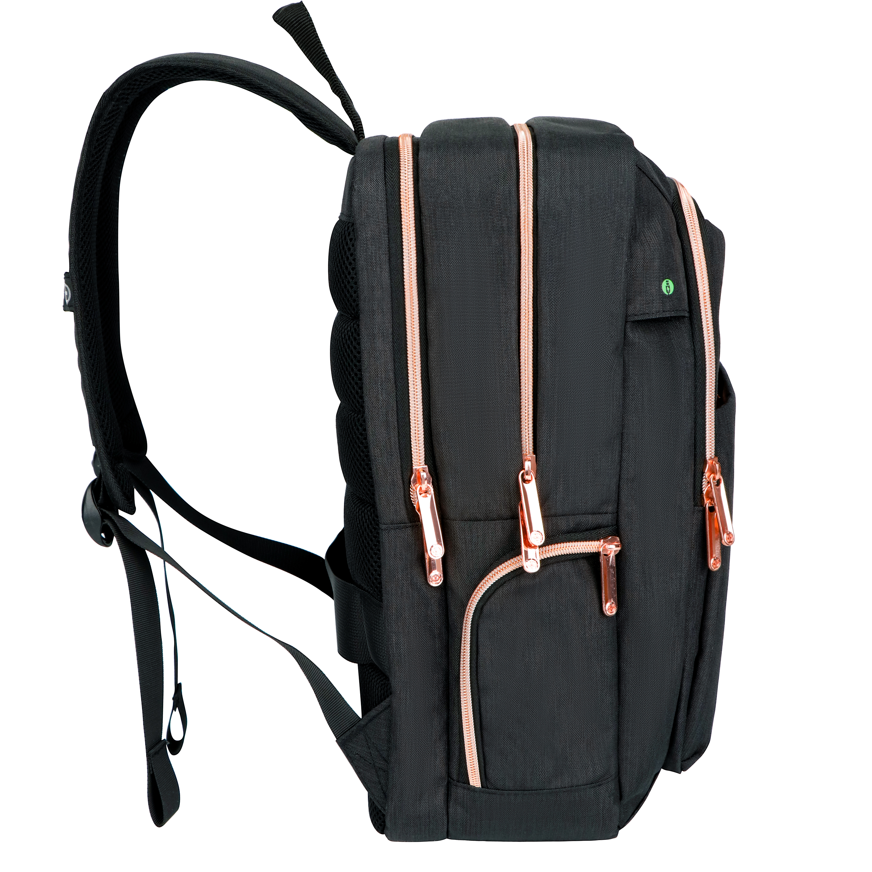 Zaino nero con cerniere color oro rosa. La borsa ha più scomparti e spallacci regolabili.