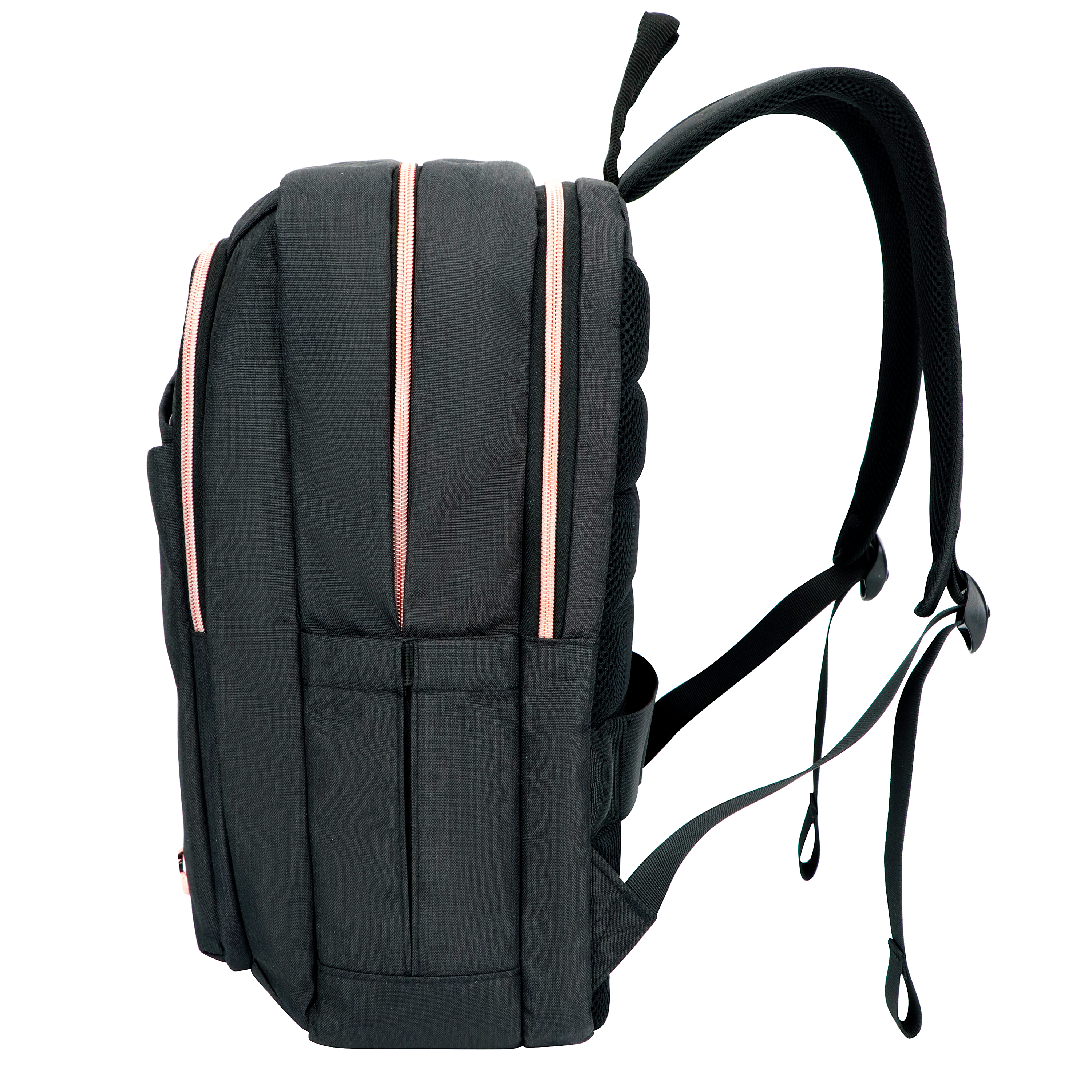 Zaino nero con cerniere rosa. La vista laterale mostra cinghie e schienale in rete. Sfondo bianco.